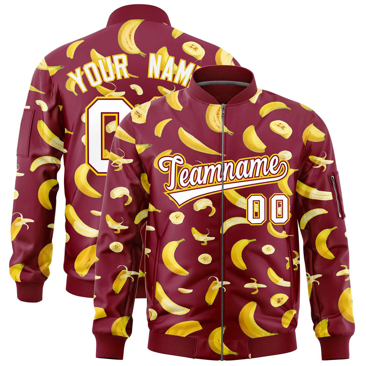 Custom Crimson Varsity Full-Zip Banana Pattern Letterman Bomber Jacket | Graffiti Pattern | Embroidery&amp;Dye-sublimation printing | KXKSHOP