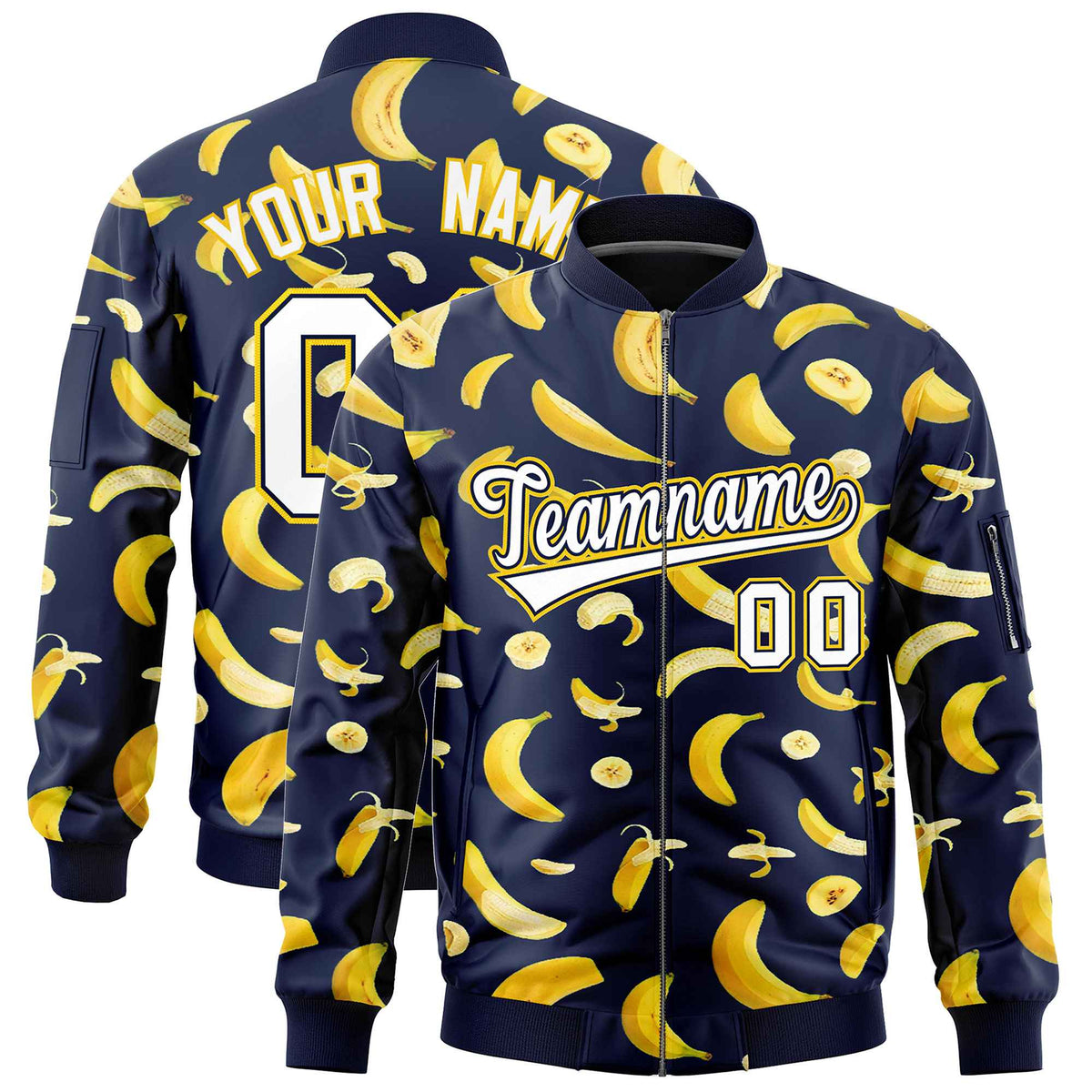 Custom Navy Varsity Full-Zip Banana Pattern Letterman Bomber Jacket | Graffiti Pattern | Embroidery&amp;Dye-sublimation printing | KXKSHOP