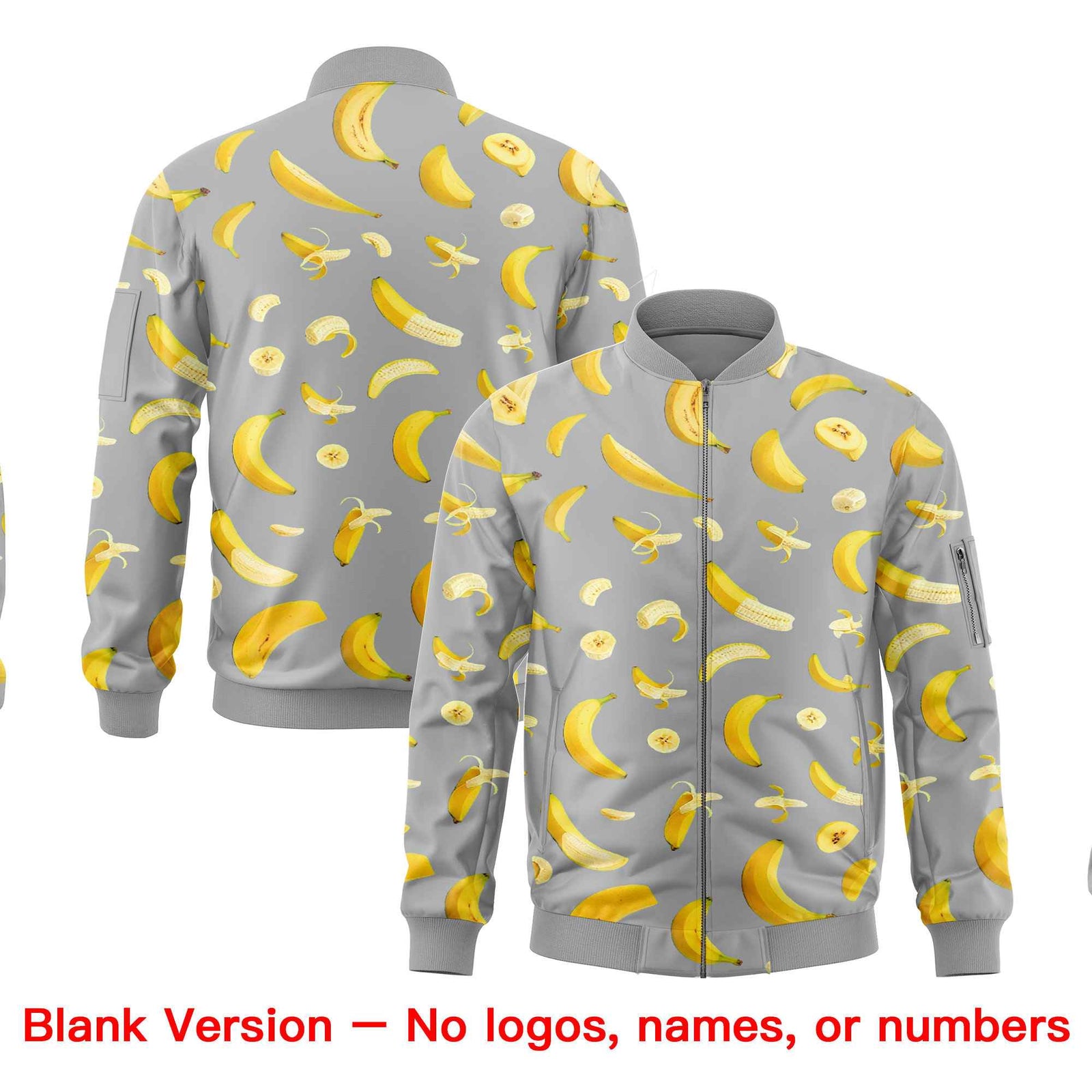 Custom Gray Varsity Full-Zip Banana Pattern Letterman Bomber Jacket | Graffiti Pattern | Embroidery&Dye-sublimation printing | KXKSHOP