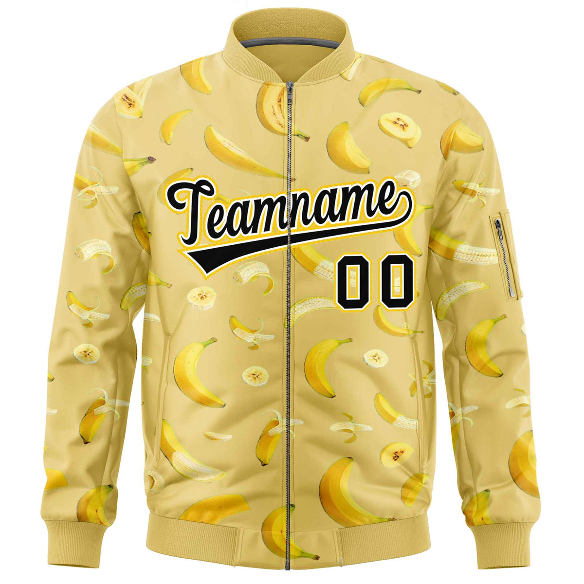 Custom Old Gold Varsity Full-Zip Banana Pattern Letterman Bomber Jacket | Graffiti Pattern | Embroidery&amp;Dye-sublimation printing | KXKSHOP