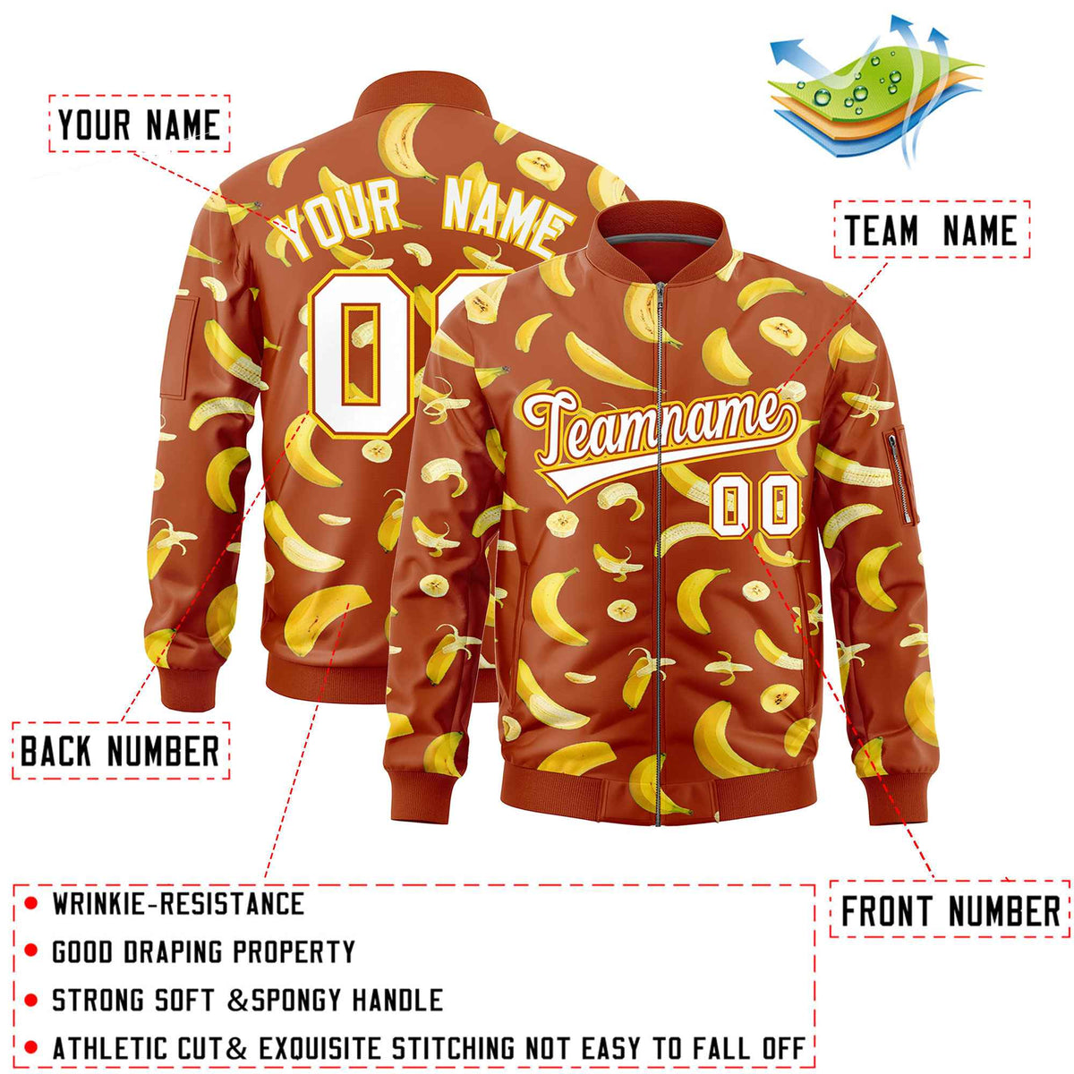 Custom Dark Orange Varsity Full-Zip Banana Pattern Letterman Bomber Jacket | Graffiti Pattern | Embroidery&amp;Dye-sublimation printing | KXKSHOP