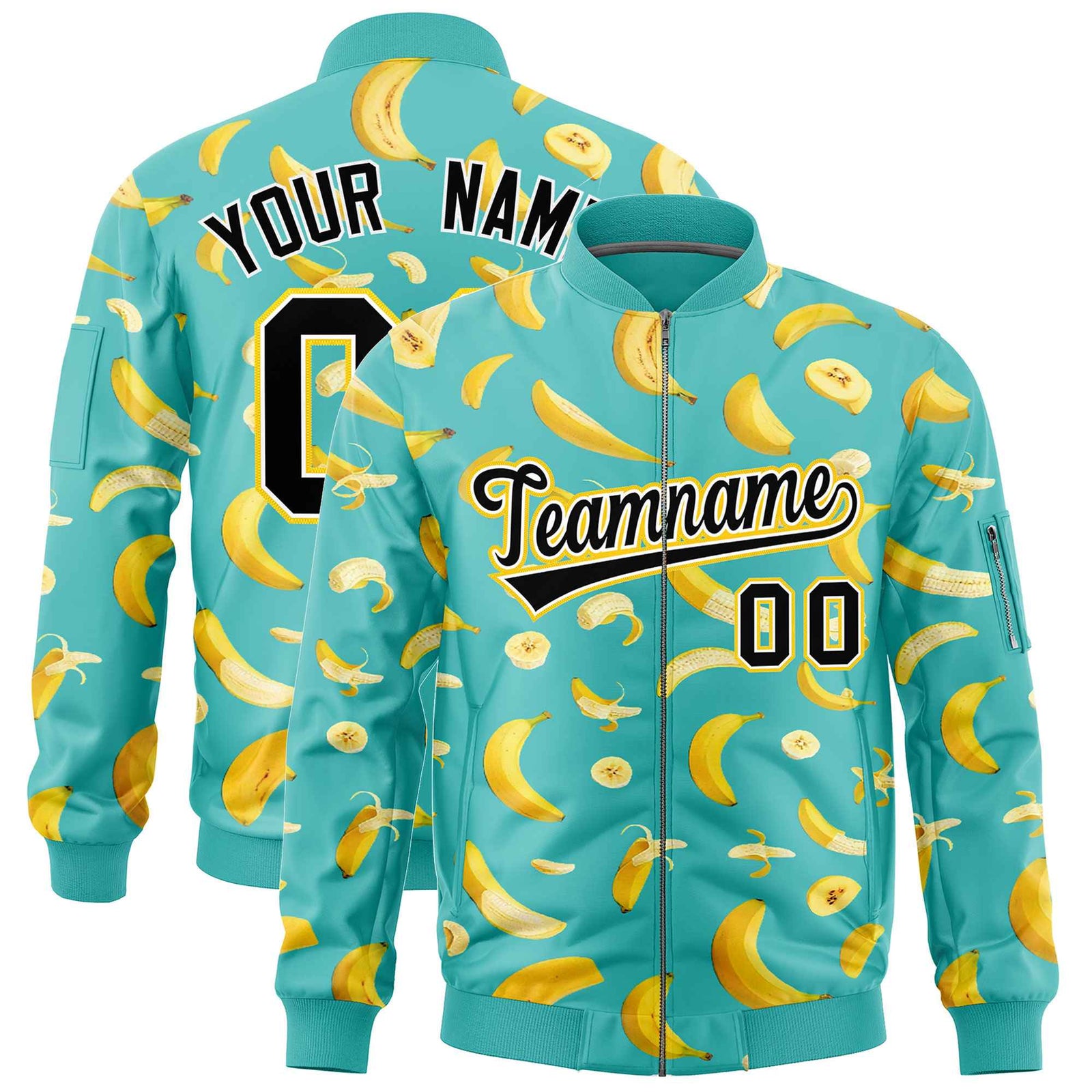 Custom Teal Varsity Full-Zip Banana Pattern Letterman Bomber Jacket | Graffiti Pattern | Embroidery&Dye-sublimation printing | KXKSHOP
