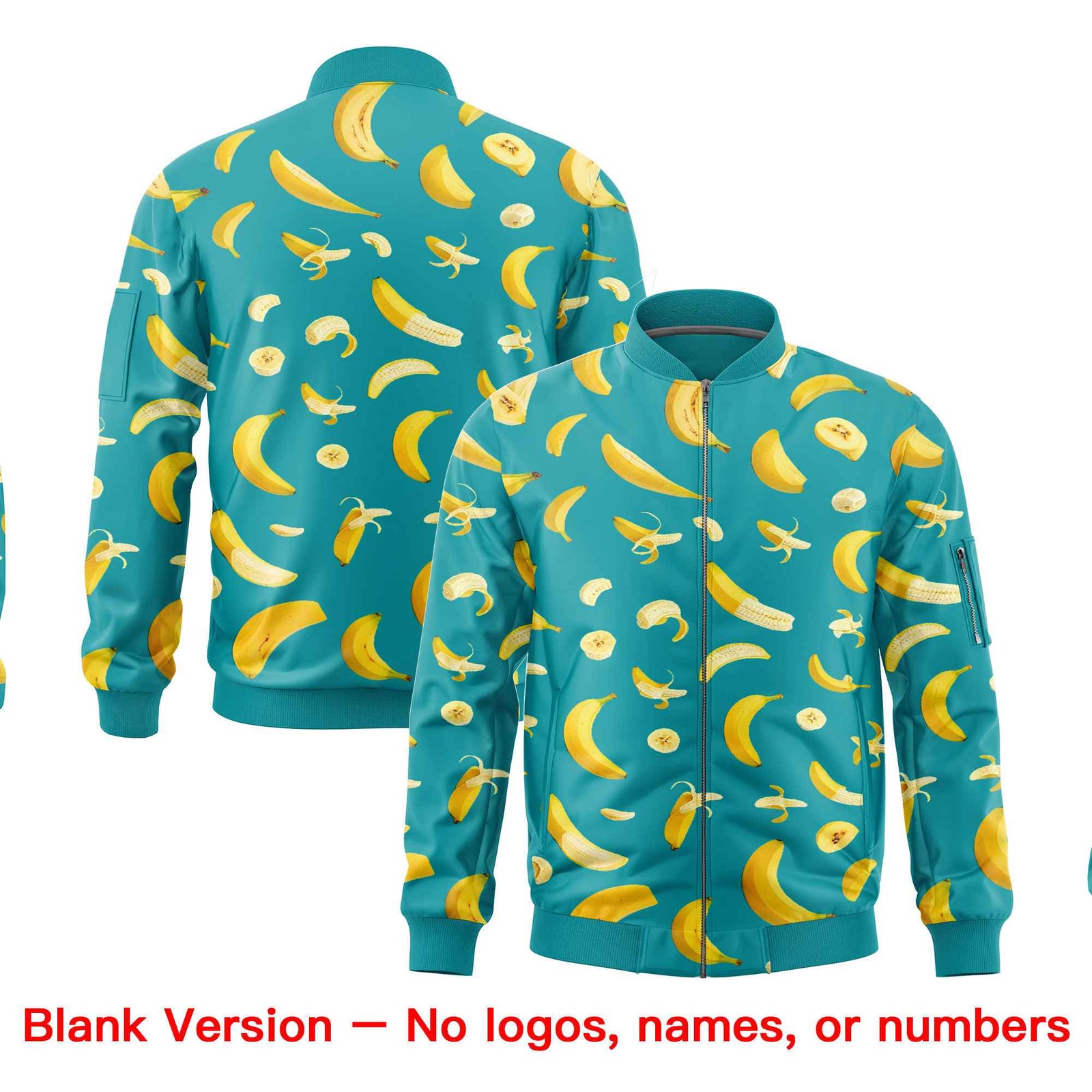 Custom Aqua Varsity Full-Zip Banana Pattern Letterman Bomber Jacket | Graffiti Pattern | Embroidery&Dye-sublimation printing | KXKSHOP