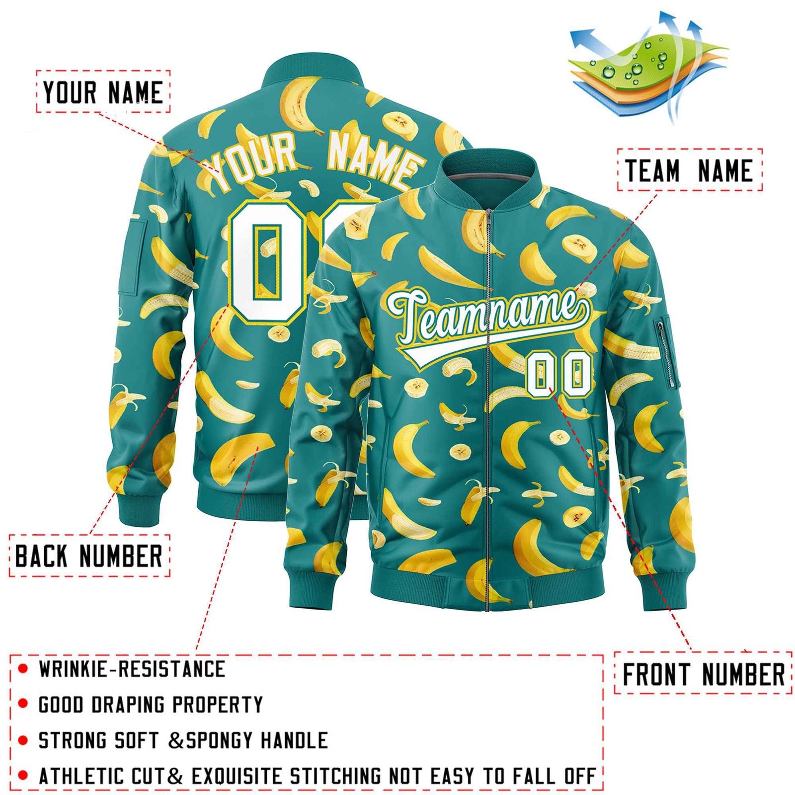 Custom Teal Varsity Full-Zip Banana Pattern Letterman Bomber Jacket | Graffiti Pattern | Embroidery&Dye-sublimation printing | KXKSHOP