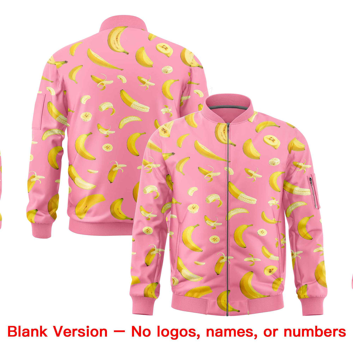 Custom Light Pink Varsity Full-Zip Banana Pattern Letterman Bomber Jacket | Graffiti Pattern | Embroidery&amp;Dye-sublimation printing | KXKSHOP