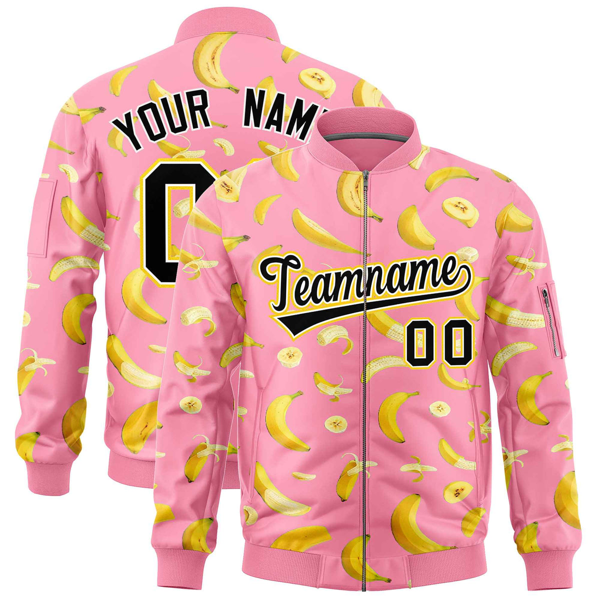 Custom Light Pink Varsity Full-Zip Banana Pattern Letterman Bomber Jacket | Graffiti Pattern | Embroidery&amp;Dye-sublimation printing | KXKSHOP