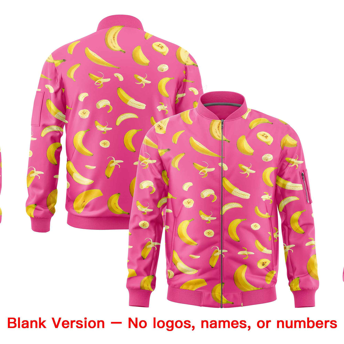 Custom Pink Varsity Full-Zip Banana Pattern Letterman Bomber Jacket | Graffiti Pattern | Embroidery&amp;Dye-sublimation printing | KXKSHOP
