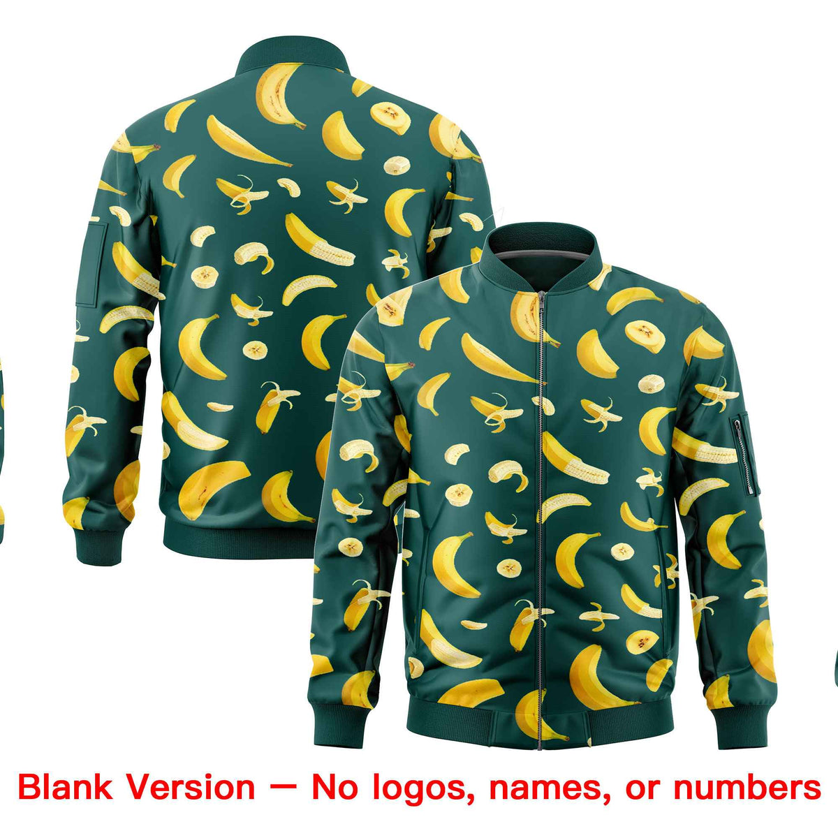 Custom Midnight Green Varsity Full-Zip Banana Pattern Letterman Bomber Jacket | Graffiti Pattern | Embroidery&amp;Dye-sublimation printing | KXKSHOP