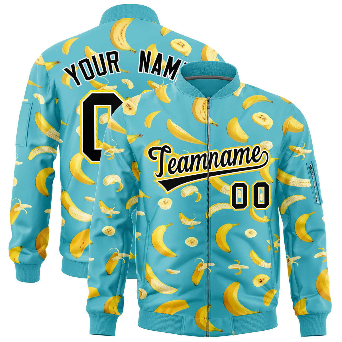 Custom Sky Blue Varsity Full-Zip Banana Pattern Letterman Bomber Jacket | Graffiti Pattern | Embroidery&amp;Dye-sublimation printing | KXKSHOP