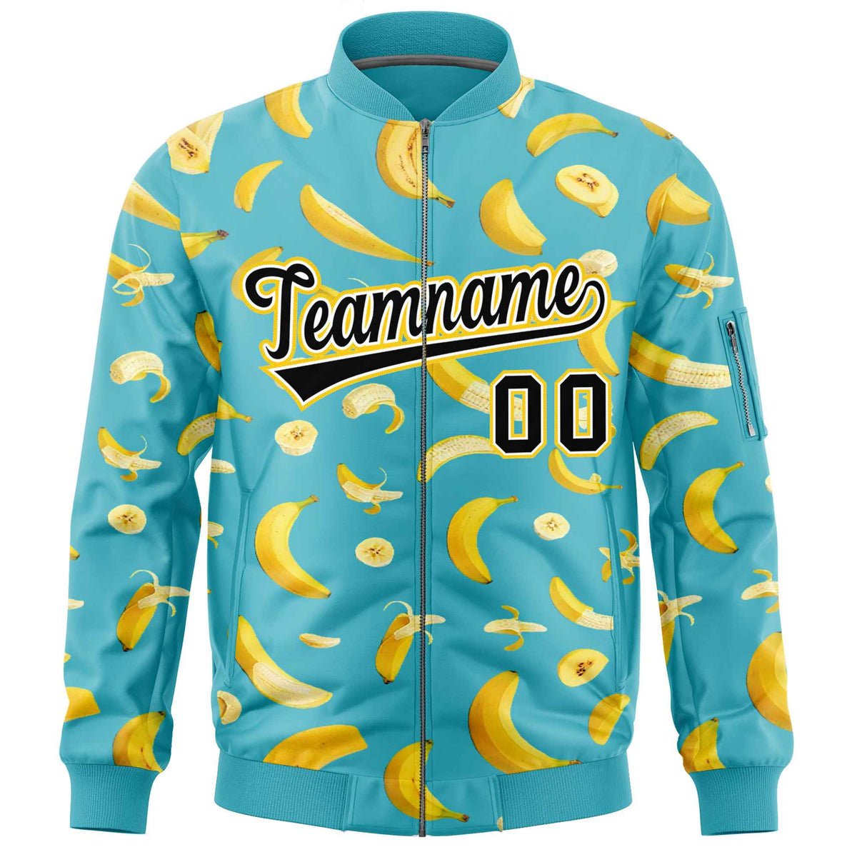Custom Sky Blue Varsity Full-Zip Banana Pattern Letterman Bomber Jacket | Graffiti Pattern | Embroidery&amp;Dye-sublimation printing | KXKSHOP