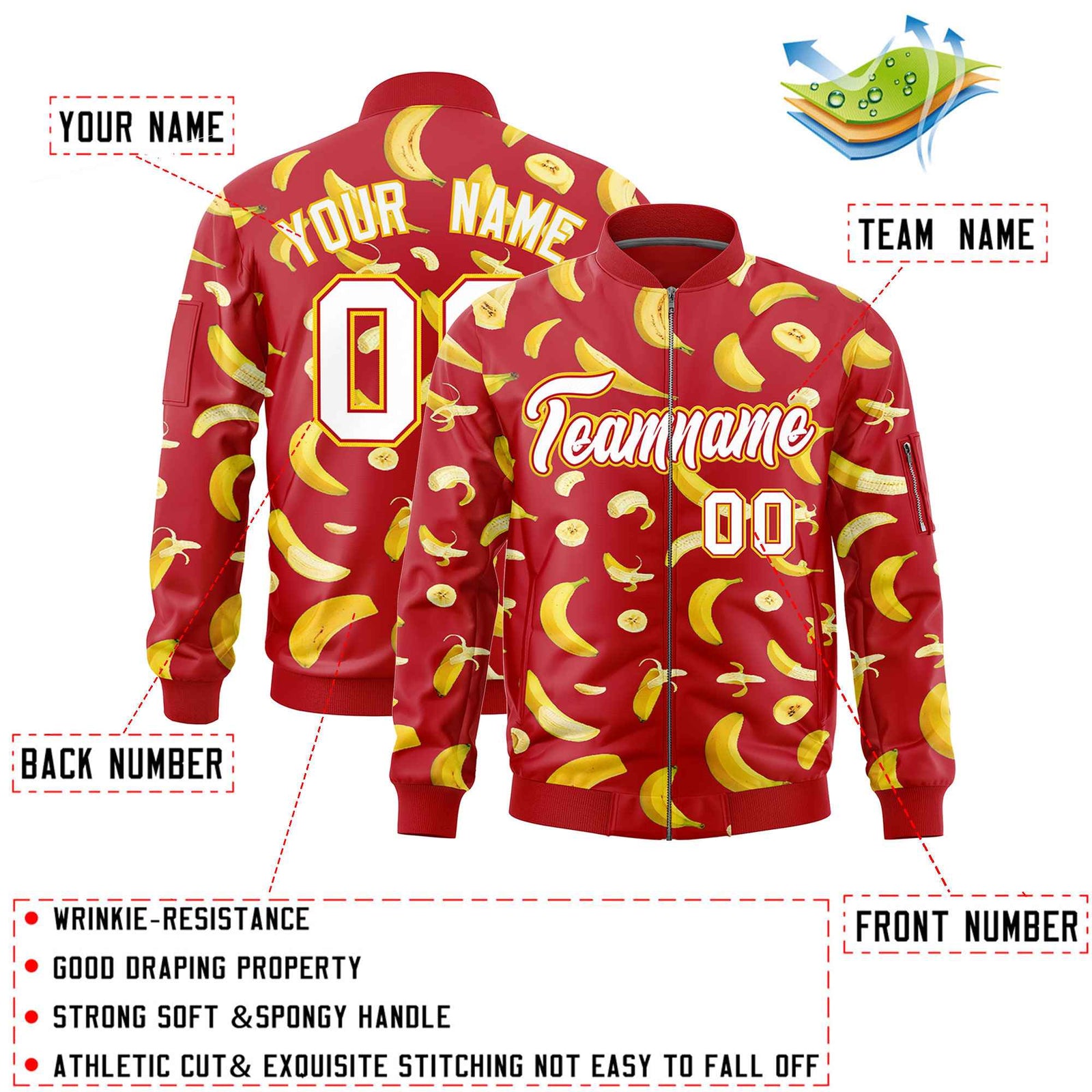 Custom Red Varsity Full-Zip Banana Pattern Letterman Bomber Jacket | Graffiti Pattern | Embroidery&Dye-sublimation printing | KXKSHOP
