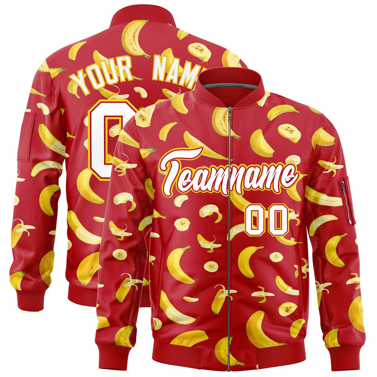 Custom Red Varsity Full-Zip Banana Pattern Letterman Bomber Jacket | Graffiti Pattern | Embroidery&amp;Dye-sublimation printing | KXKSHOP