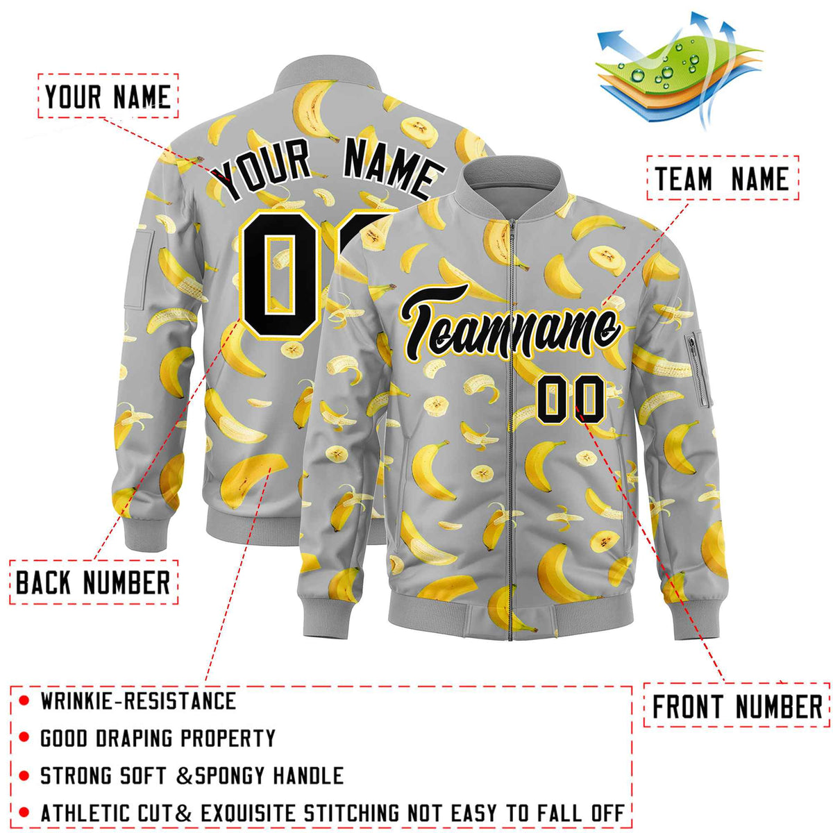 Custom Gray Varsity Full-Zip Banana Pattern Letterman Bomber Jacket | Graffiti Pattern | Embroidery&amp;Dye-sublimation printing | KXKSHOP