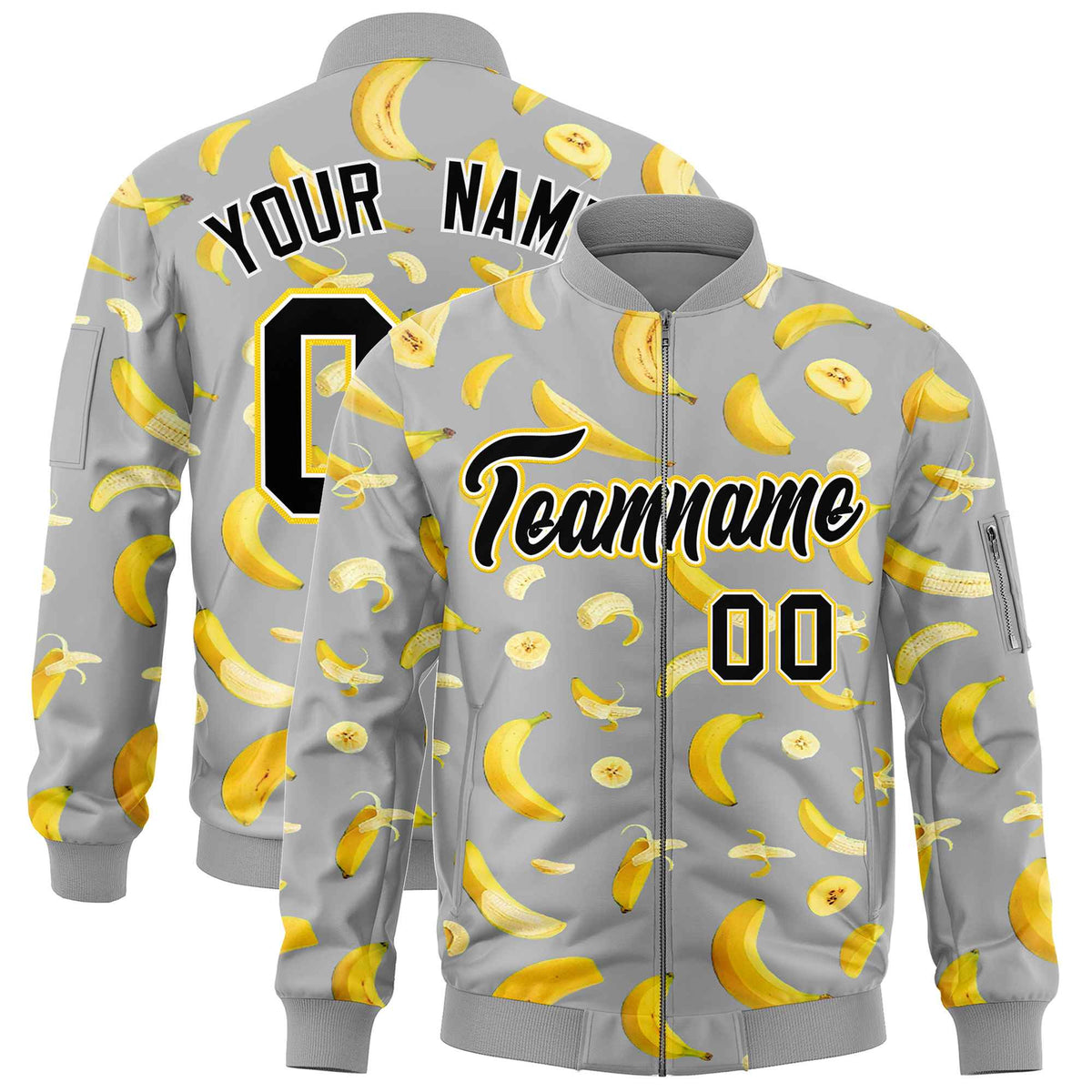 Custom Gray Varsity Full-Zip Banana Pattern Letterman Bomber Jacket | Graffiti Pattern | Embroidery&amp;Dye-sublimation printing | KXKSHOP