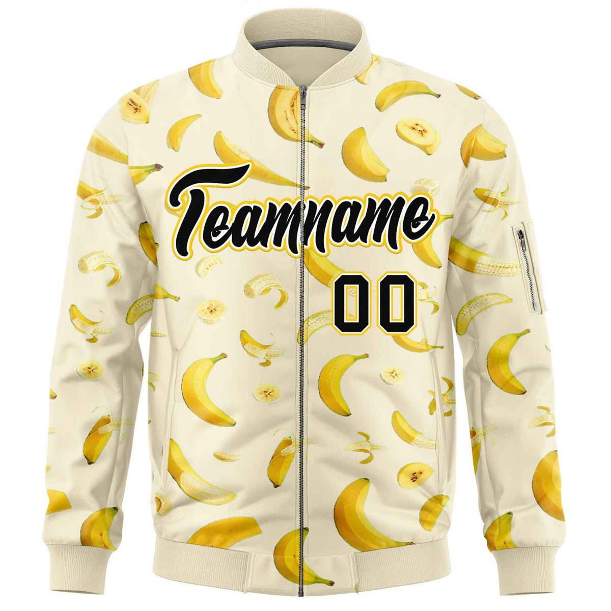 Custom Cream Varsity Full-Zip Banana Pattern Letterman Bomber Jacket | Graffiti Pattern | Embroidery&amp;Dye-sublimation printing | KXKSHOP
