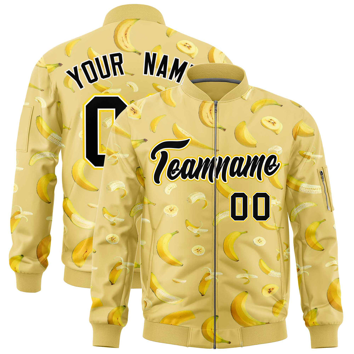 Custom Old Gold Varsity Full-Zip Banana Pattern Letterman Bomber Jacket | Graffiti Pattern | Embroidery&amp;Dye-sublimation printing | KXKSHOP