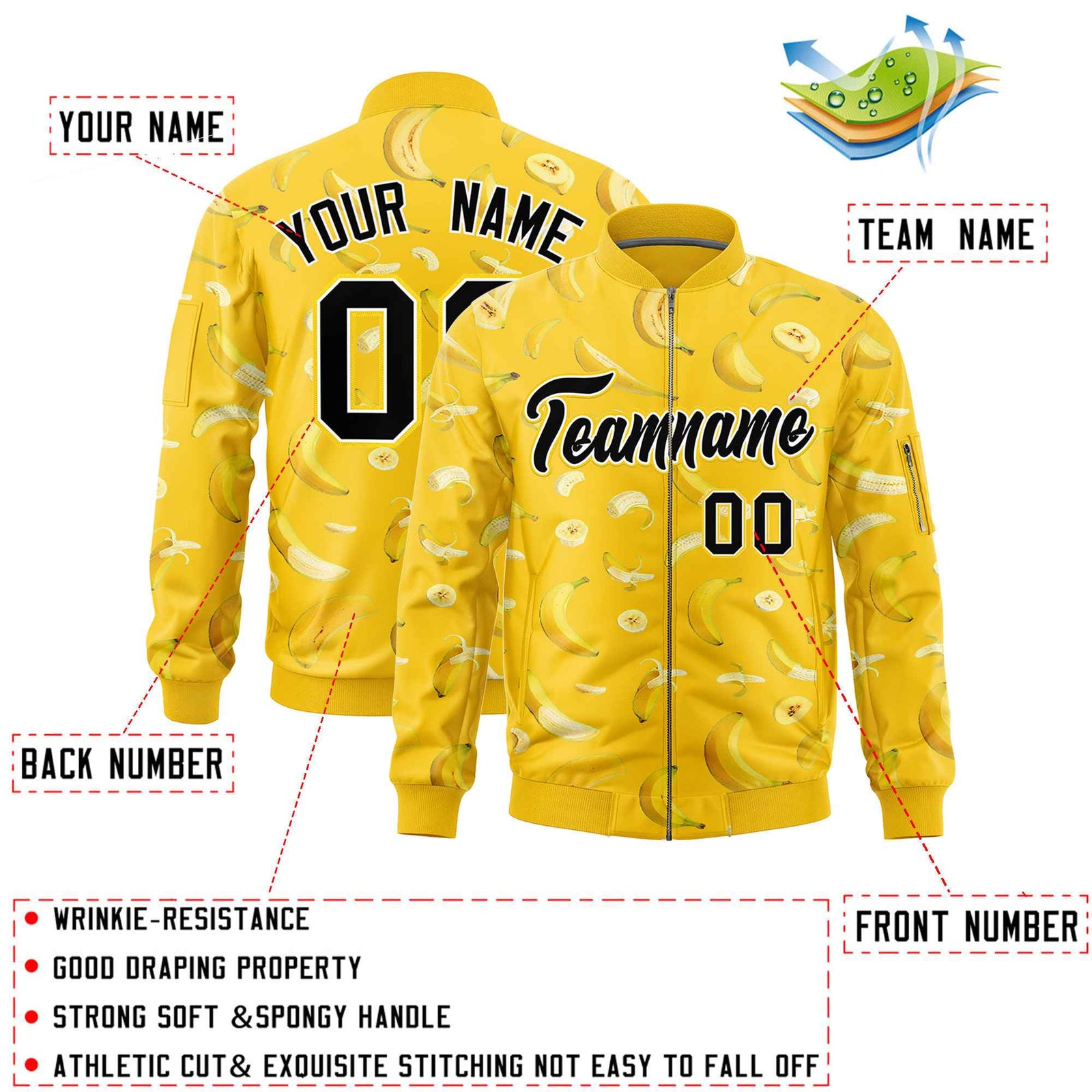Custom Gold Varsity Full-Zip Banana Pattern Letterman Bomber Jacket | Graffiti Pattern | Embroidery&Dye-sublimation printing | KXKSHOP