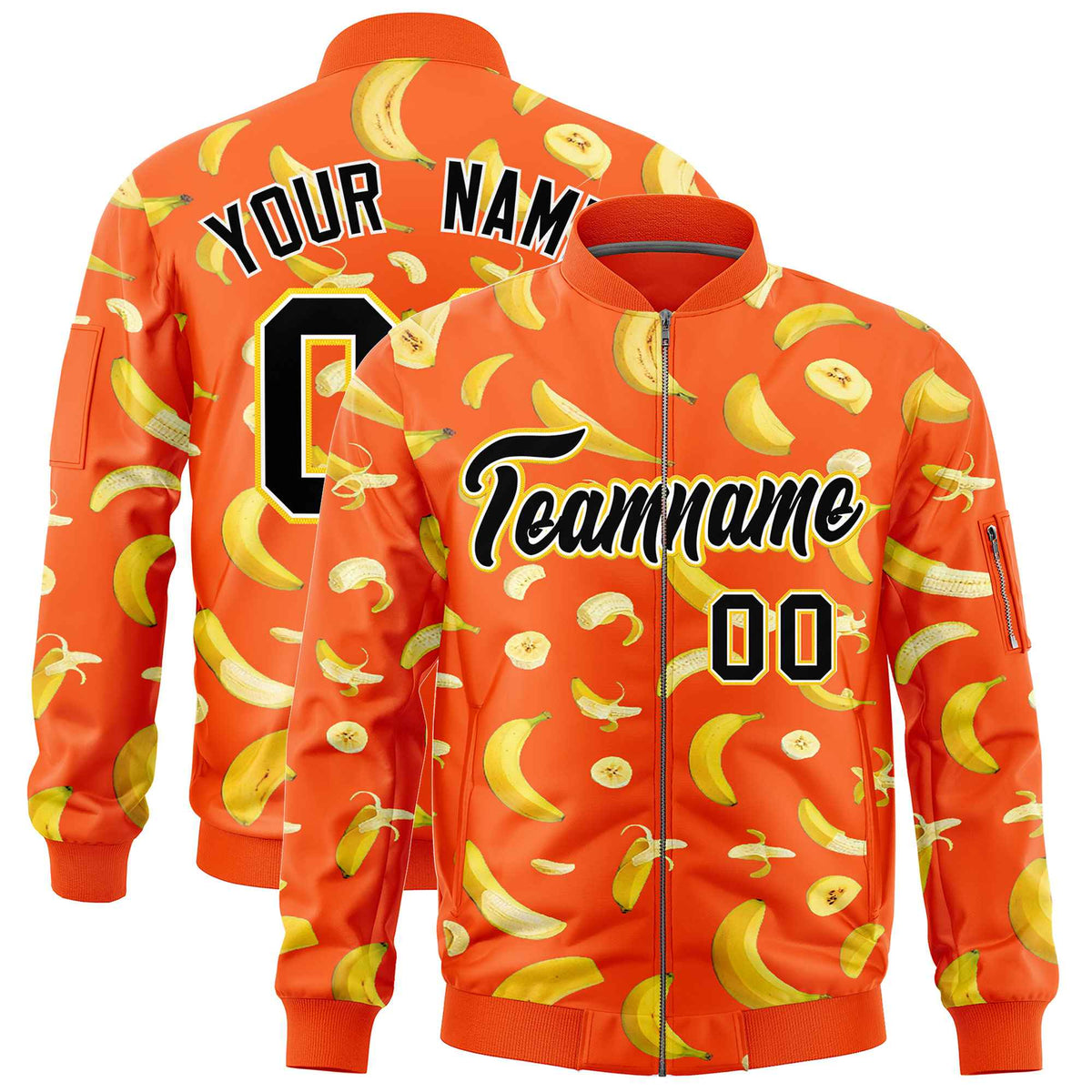 Custom Orange Varsity Full-Zip Banana Pattern Letterman Bomber Jacket | Graffiti Pattern | Embroidery&amp;Dye-sublimation printing | KXKSHOP