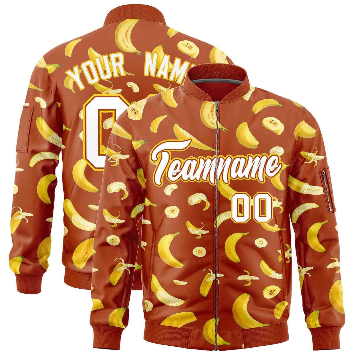 Custom Dark Orange Varsity Full-Zip Banana Pattern Letterman Bomber Jacket | Graffiti Pattern | Embroidery&amp;Dye-sublimation printing | KXKSHOP