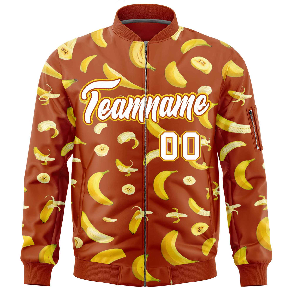 Custom Dark Orange Varsity Full-Zip Banana Pattern Letterman Bomber Jacket | Graffiti Pattern | Embroidery&amp;Dye-sublimation printing | KXKSHOP