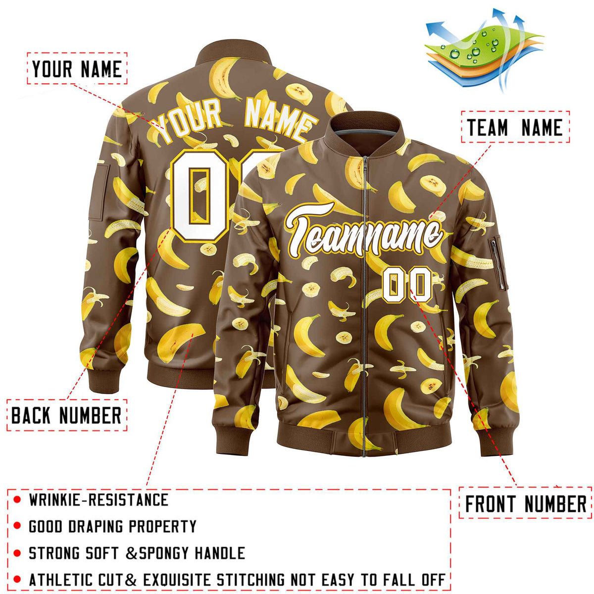 Custom Light Brown Varsity Full-Zip Banana Pattern Letterman Bomber Jacket | Graffiti Pattern | Embroidery&amp;Dye-sublimation printing | KXKSHOP