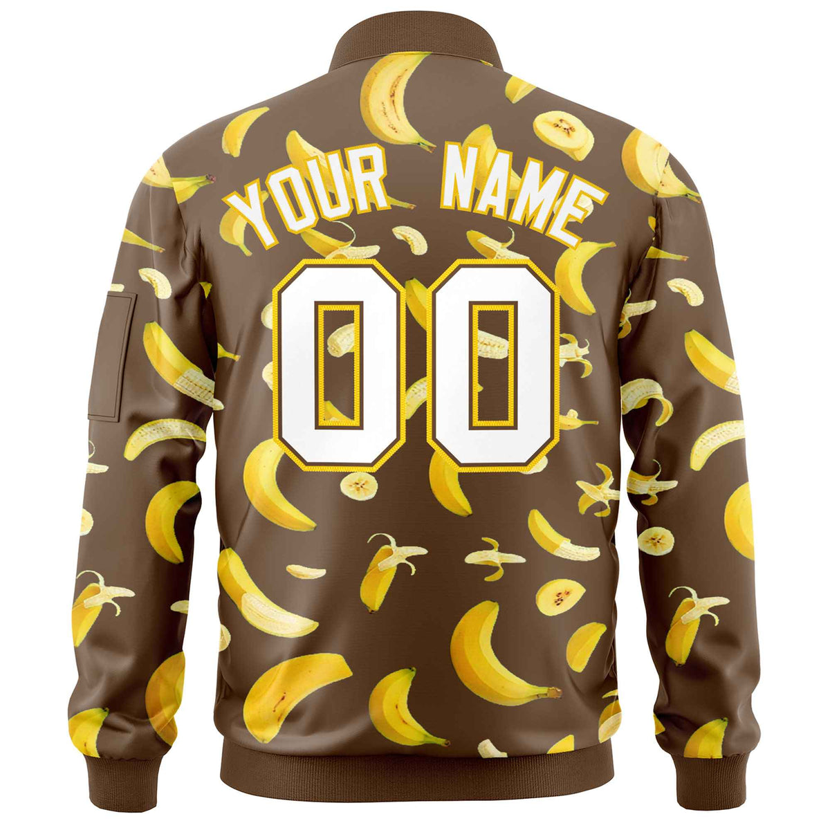 Custom Light Brown Varsity Full-Zip Banana Pattern Letterman Bomber Jacket | Graffiti Pattern | Embroidery&amp;Dye-sublimation printing | KXKSHOP