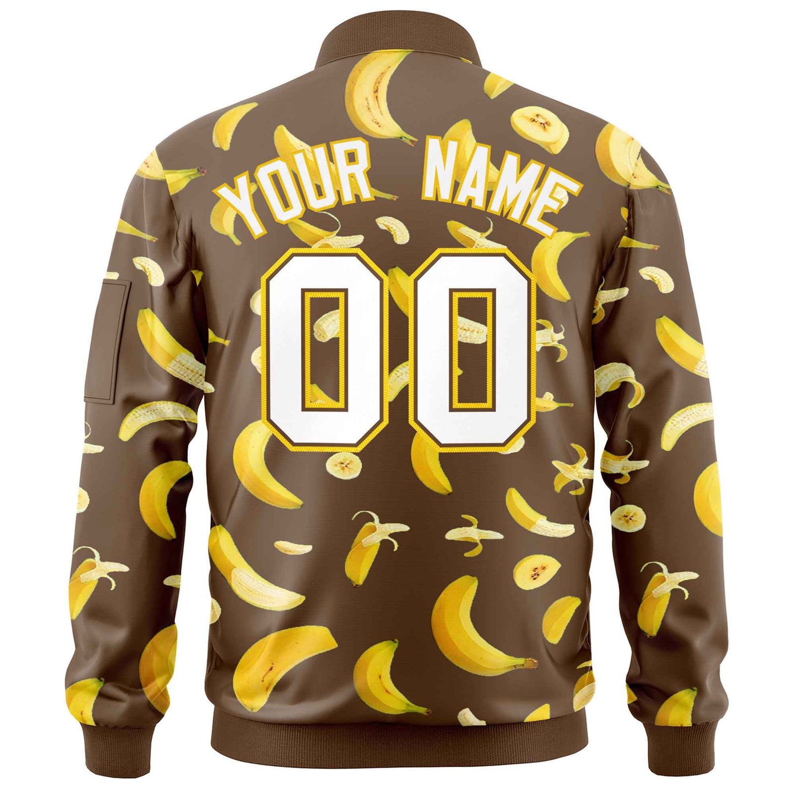Custom Light Brown Varsity Full-Zip Banana Pattern Letterman Bomber Jacket | Graffiti Pattern | Embroidery&Dye-sublimation printing | KXKSHOP