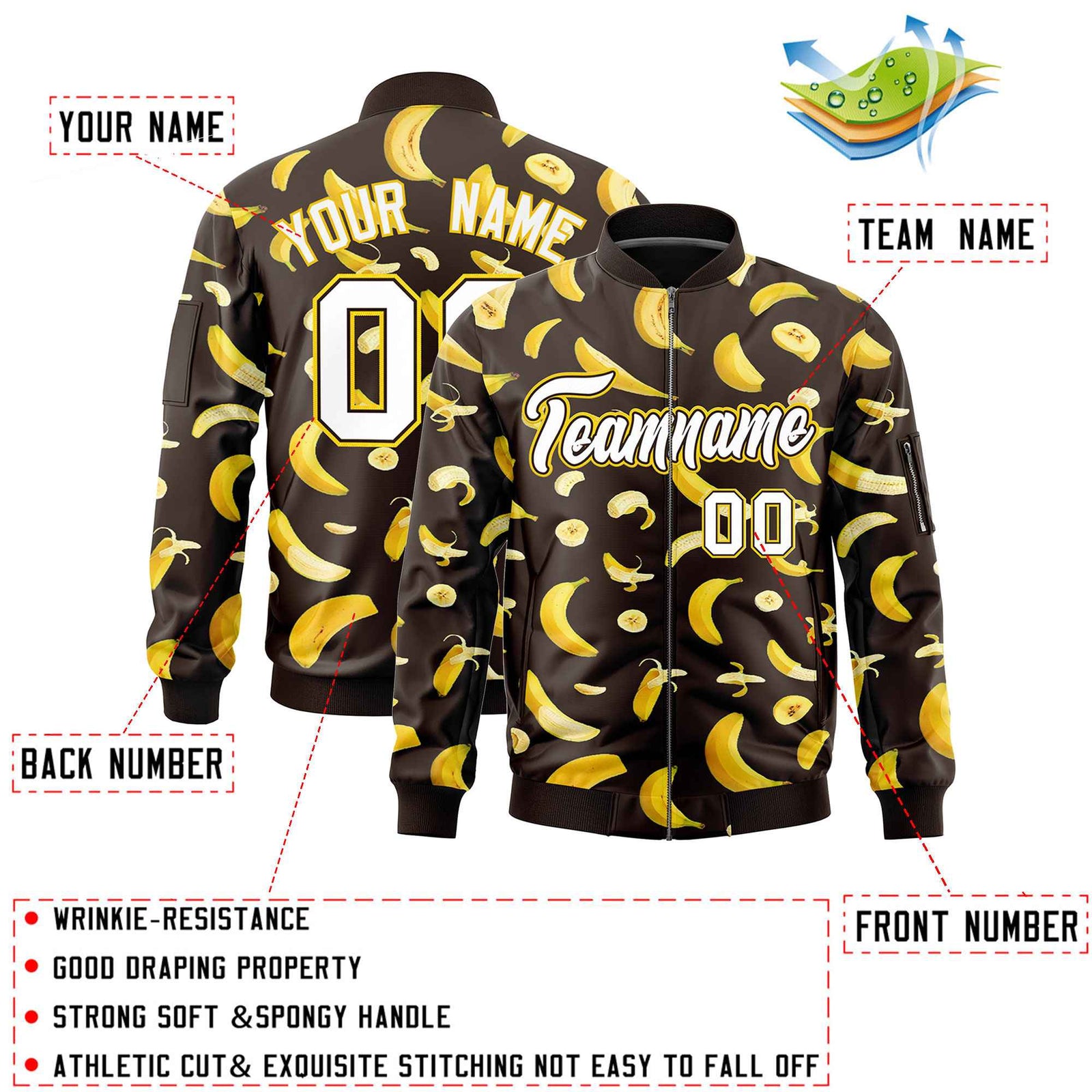 Custom Brown Varsity Full-Zip Banana Pattern Letterman Bomber Jacket | Graffiti Pattern | Embroidery&Dye-sublimation printing | KXKSHOP
