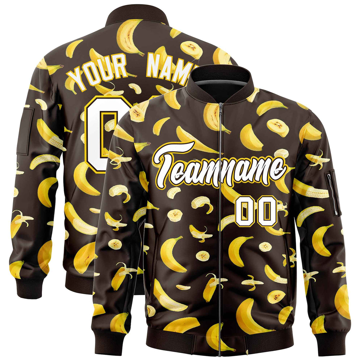 Custom Brown Varsity Full-Zip Banana Pattern Letterman Bomber Jacket | Graffiti Pattern | Embroidery&amp;Dye-sublimation printing | KXKSHOP