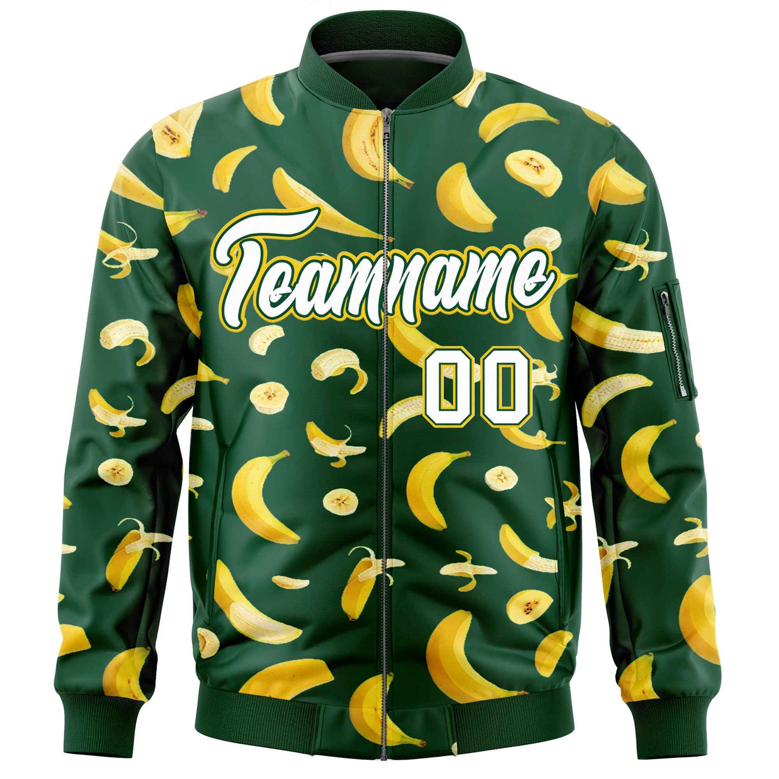 Custom Green Varsity Full-Zip Banana Pattern Letterman Bomber Jacket | Graffiti Pattern | Embroidery&Dye-sublimation printing | KXKSHOP
