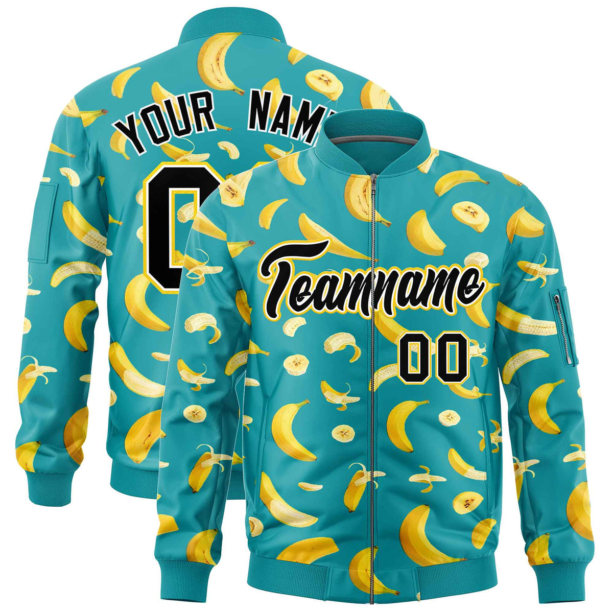 Custom Aqua Varsity Full-Zip Banana Pattern Letterman Bomber Jacket | Graffiti Pattern | Embroidery&amp;Dye-sublimation printing | KXKSHOP