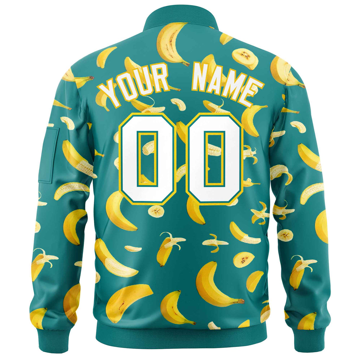 Custom Teal Varsity Full-Zip Banana Pattern Letterman Bomber Jacket | Graffiti Pattern | Embroidery&amp;Dye-sublimation printing | KXKSHOP