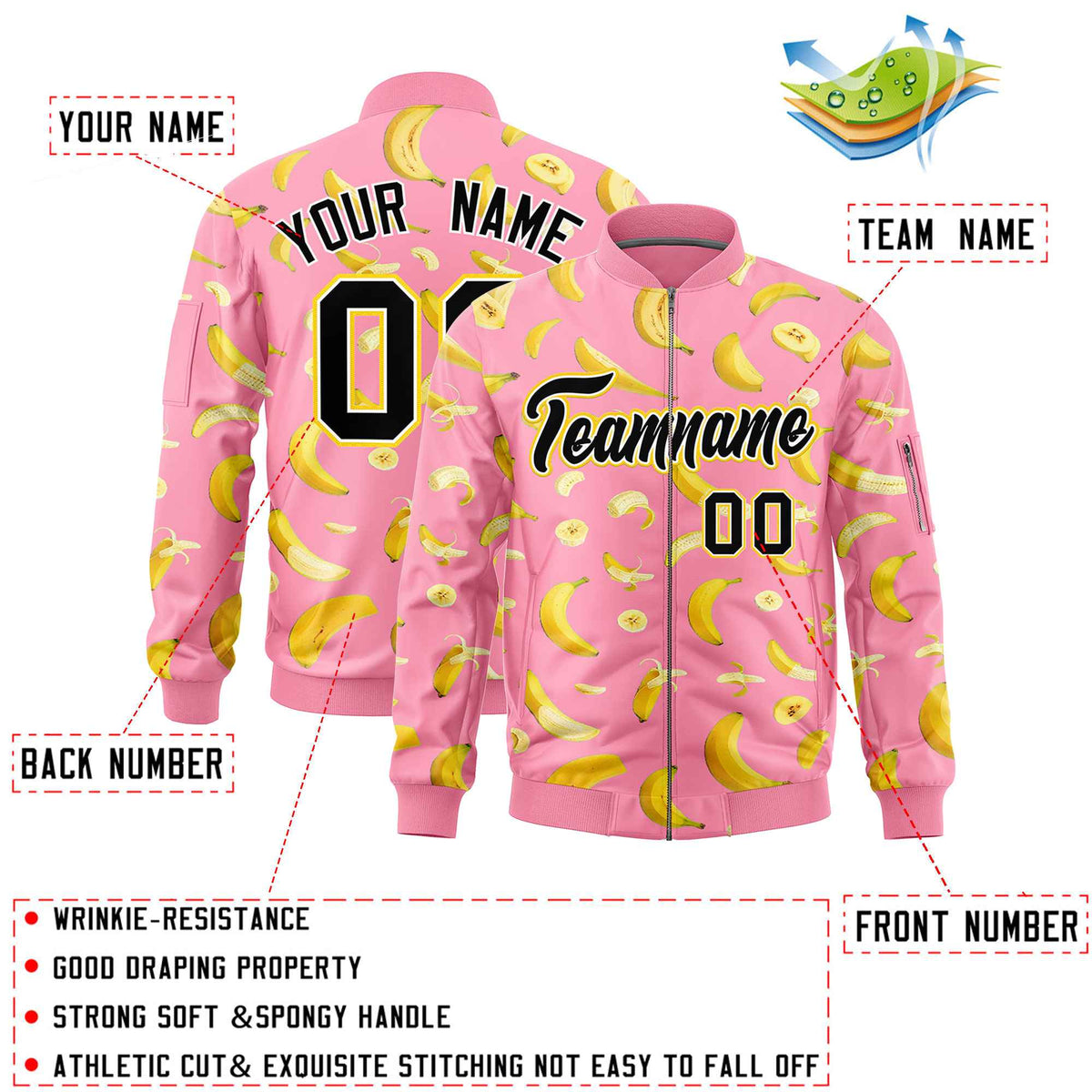 Custom Light Pink Varsity Full-Zip Banana Pattern Letterman Bomber Jacket | Graffiti Pattern | Embroidery&amp;Dye-sublimation printing | KXKSHOP