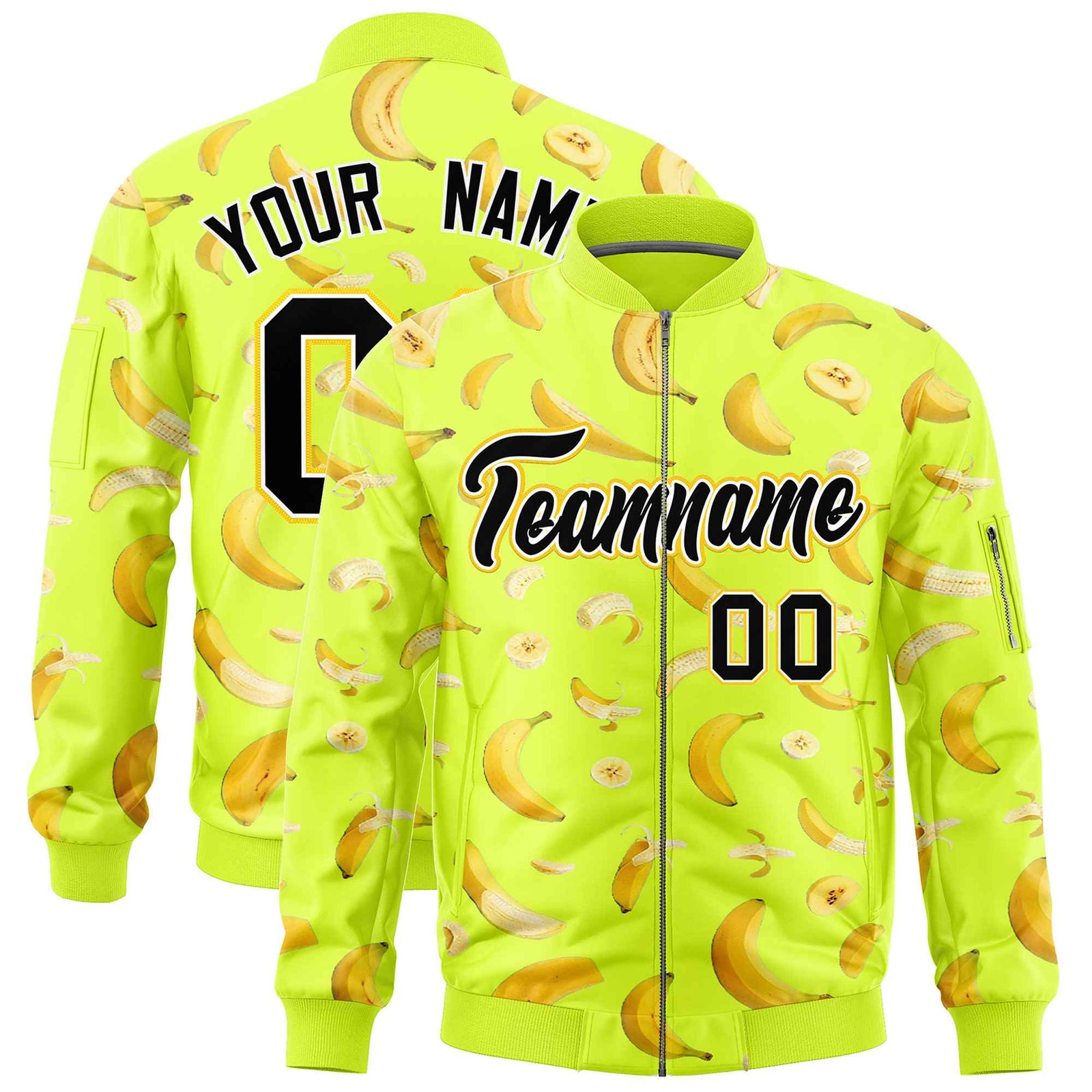 Custom Fluorescent Green Varsity Full-Zip Banana Pattern Letterman Bomber Jacket | Graffiti Pattern | Embroidery&Dye-sublimation printing | KXKSHOP