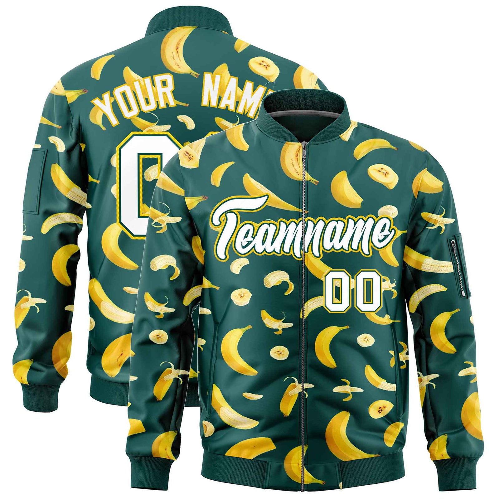 Custom Midnight Green Varsity Full-Zip Banana Pattern Letterman Bomber Jacket | Graffiti Pattern | Embroidery&Dye-sublimation printing | KXKSHOP