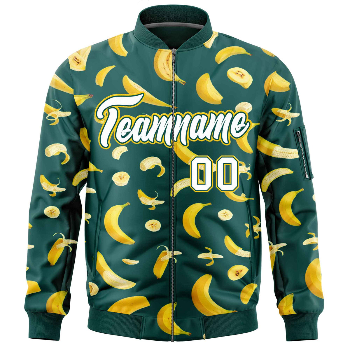Custom Midnight Green Varsity Full-Zip Banana Pattern Letterman Bomber Jacket | Graffiti Pattern | Embroidery&amp;Dye-sublimation printing | KXKSHOP