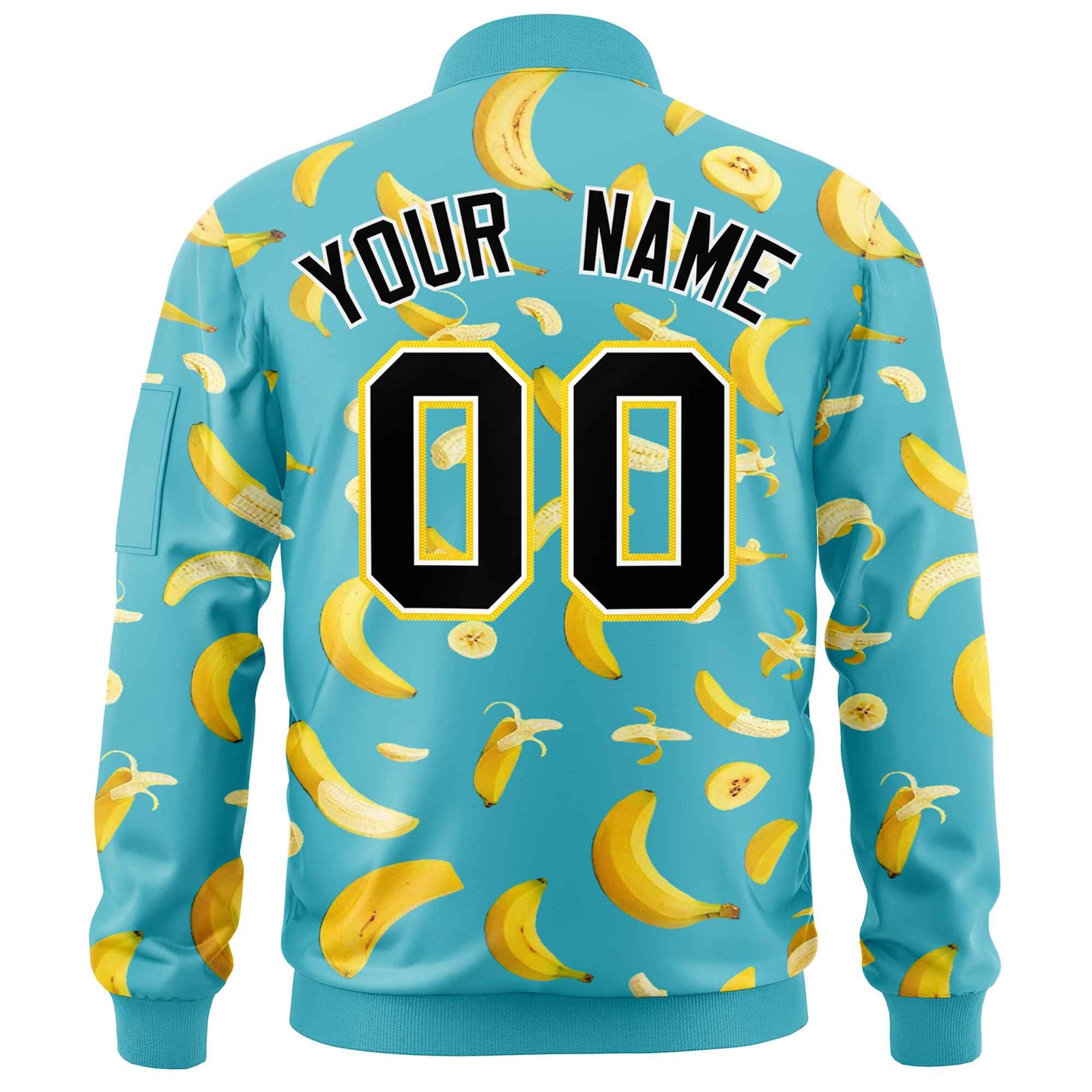 Custom Sky Blue Varsity Full-Zip Banana Pattern Letterman Bomber Jacket | Graffiti Pattern | Embroidery&Dye-sublimation printing | KXKSHOP