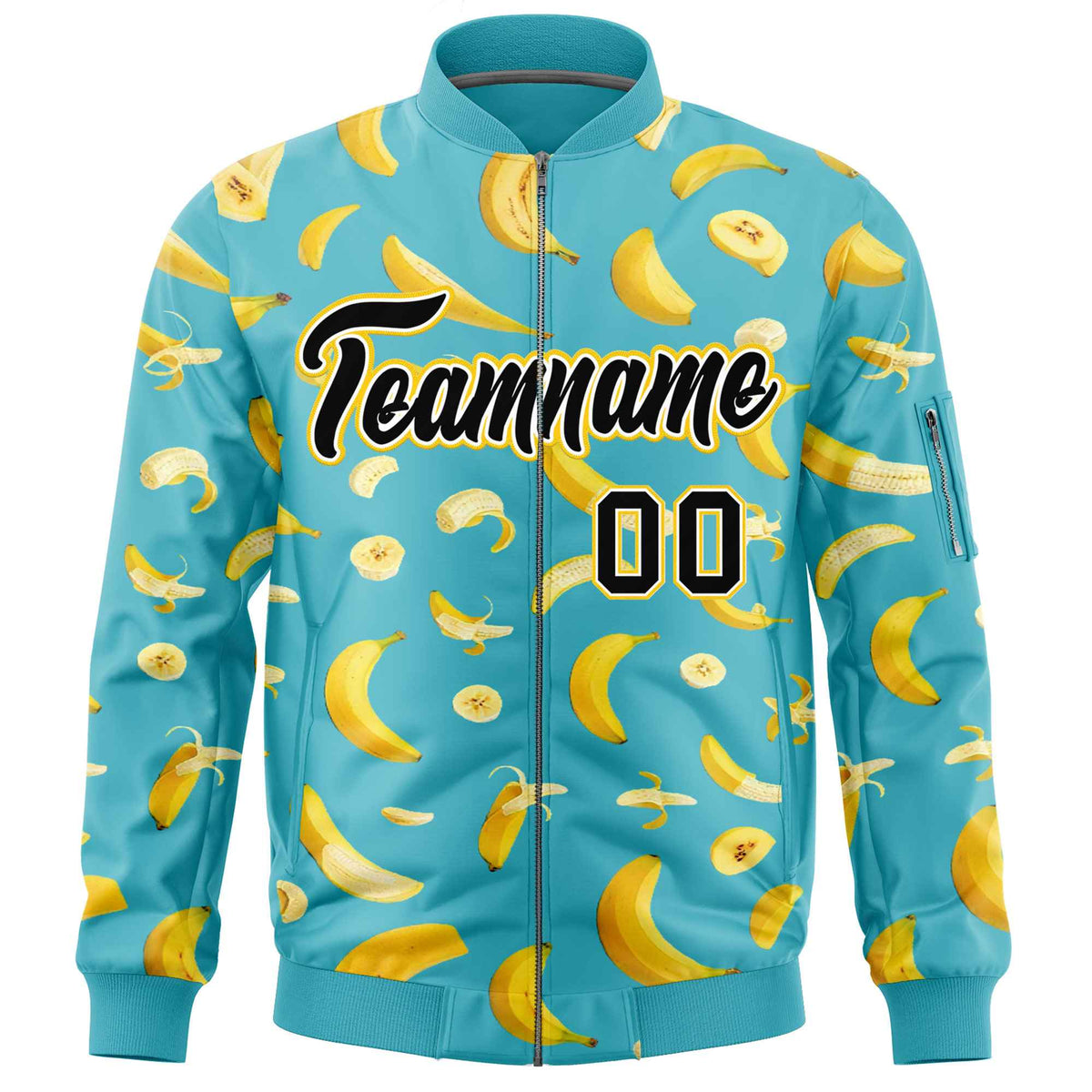 Custom Sky Blue Varsity Full-Zip Banana Pattern Letterman Bomber Jacket | Graffiti Pattern | Embroidery&amp;Dye-sublimation printing | KXKSHOP