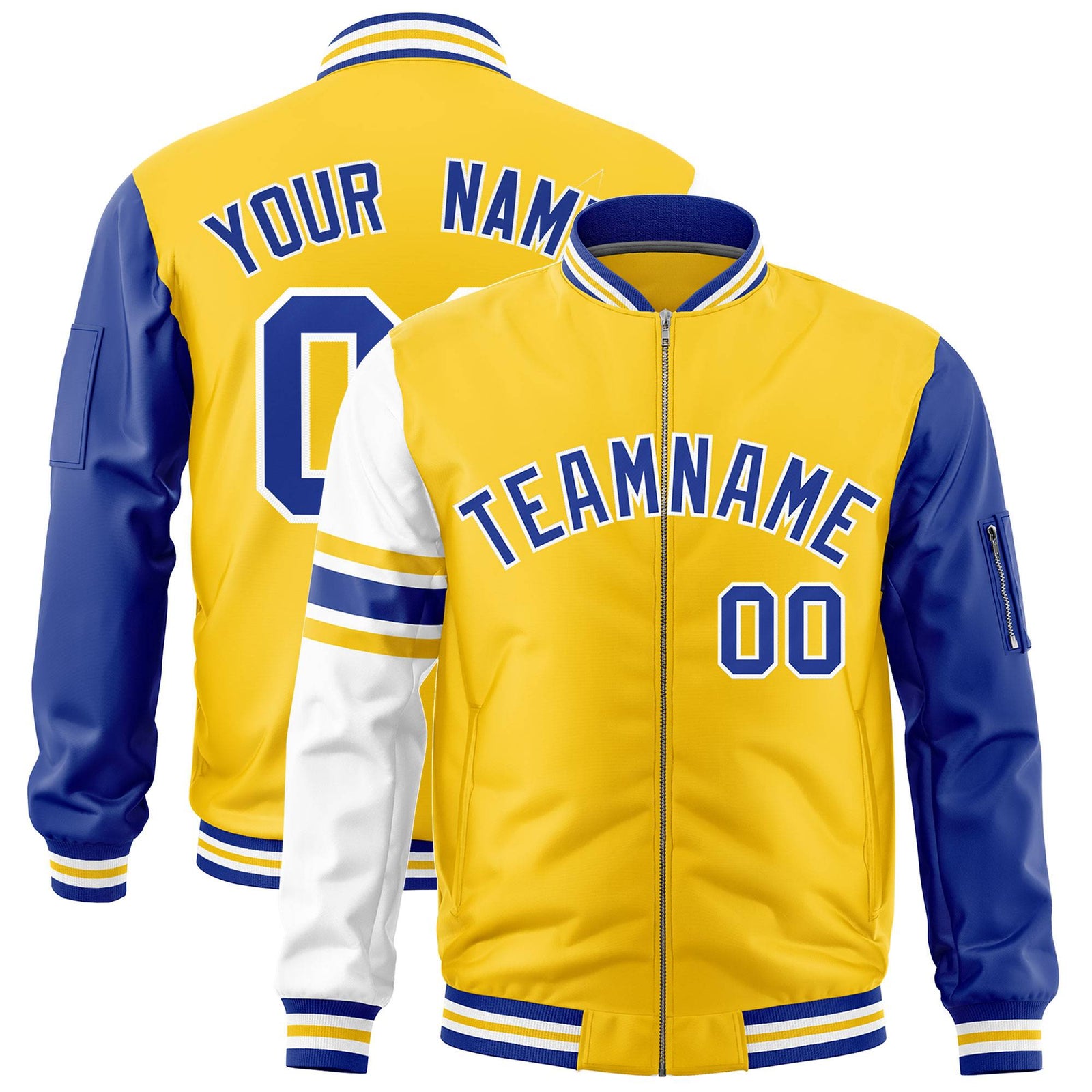 Custom Gold Royal-White Varsity Full-Zip Raglan Sleeves Stripe Letterman Bomber Jacket