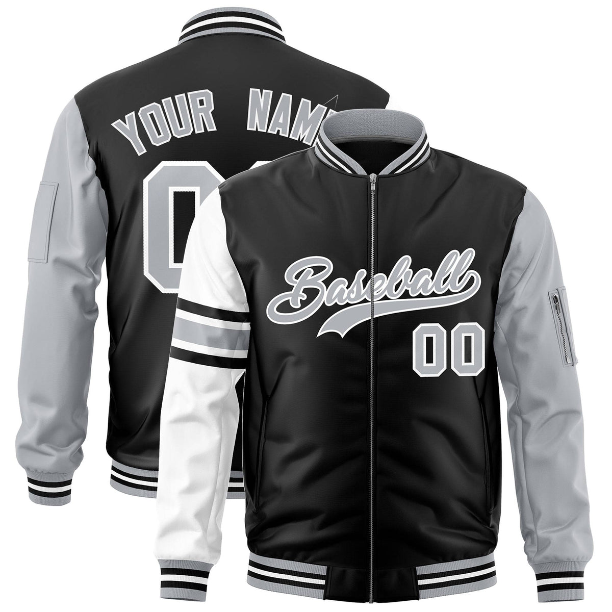 Custom Black Silver-White Varsity Full-Zip Raglan Sleeves Stripe Letterman Bomber Jacket