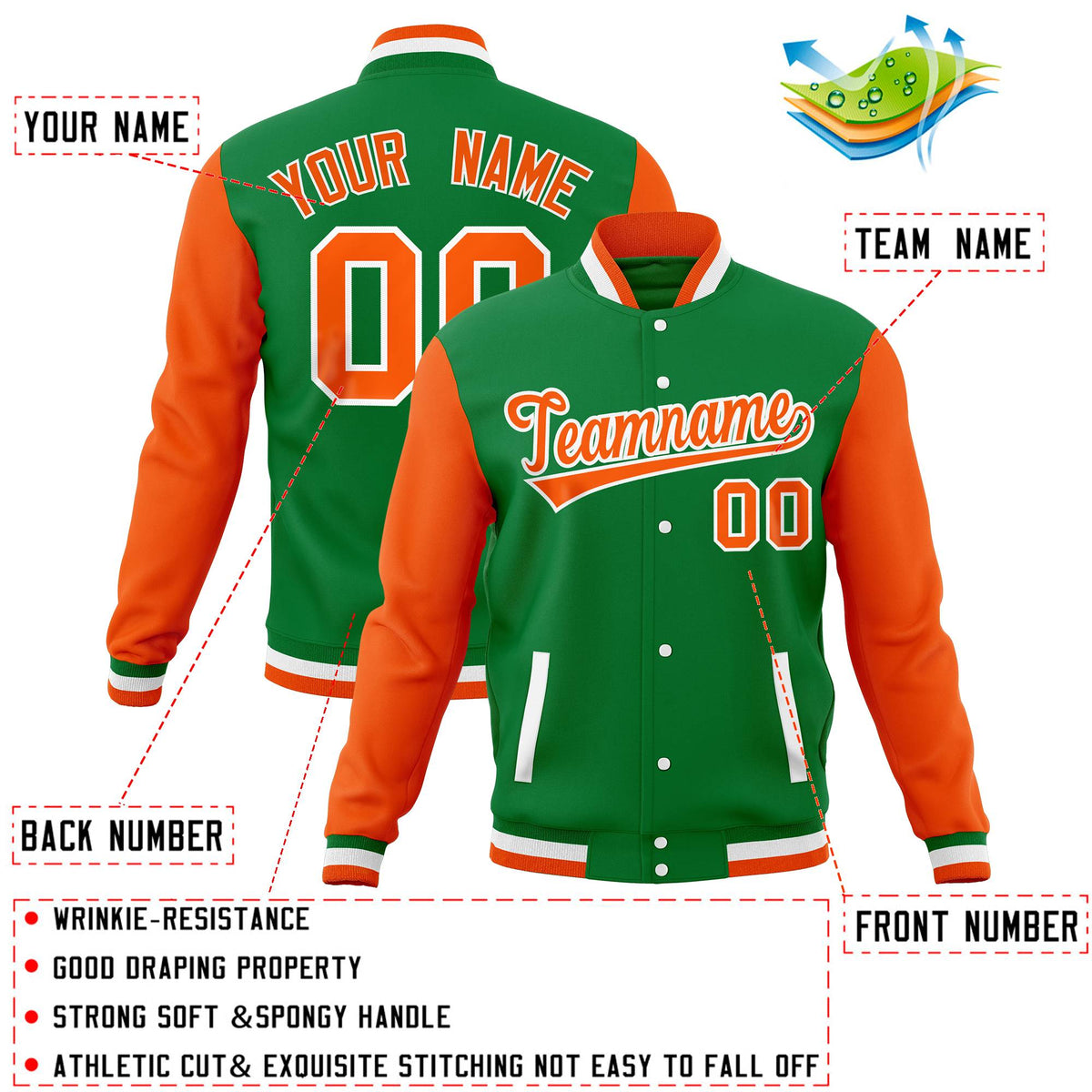 Custom Powder Blue Gold Full-Snap Varsity Raglan Sleeves Letterman Baseball Jacket
