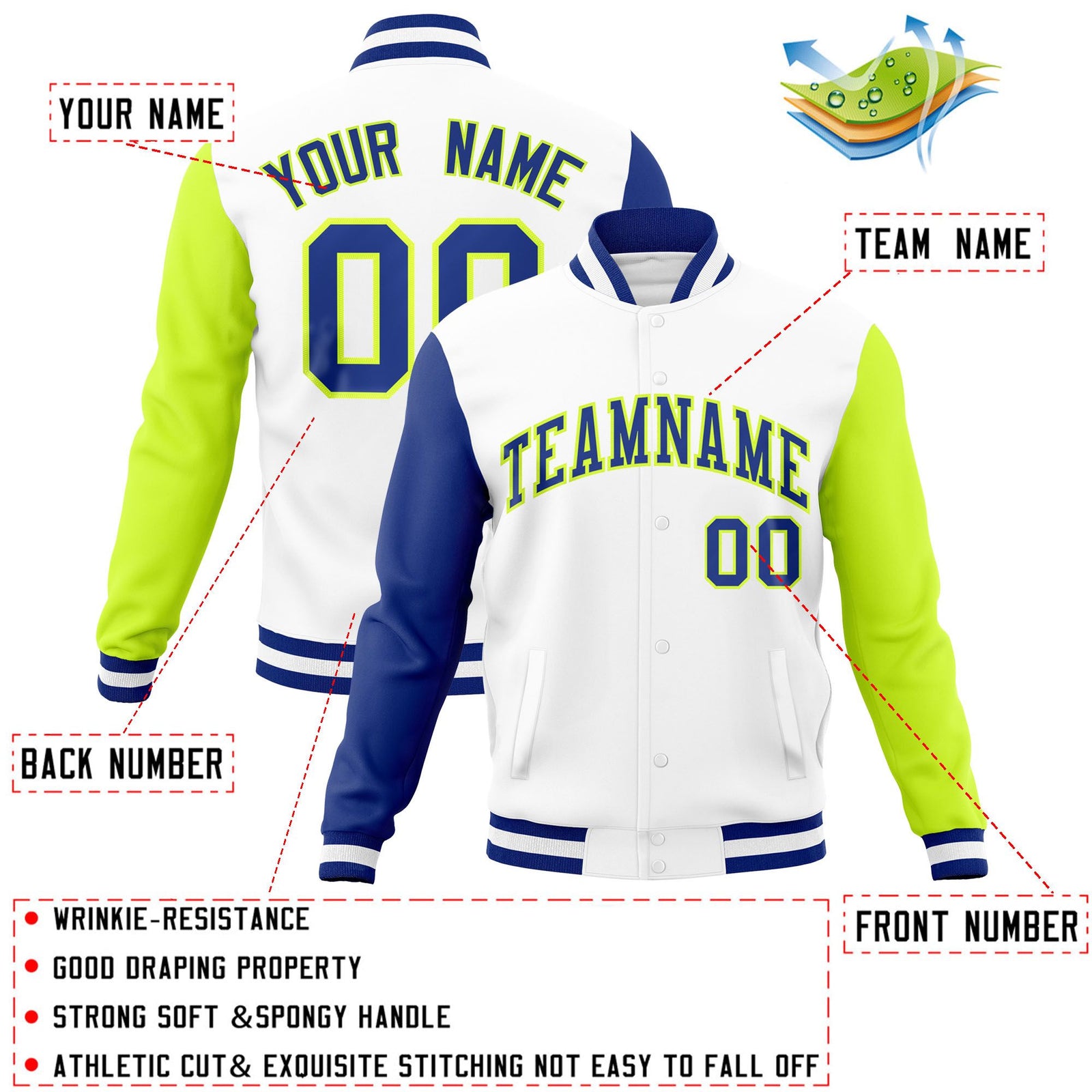 Custom White Neon Green-Royal Raglan Sleeves Varsity Full-Snap Letterman Jacket