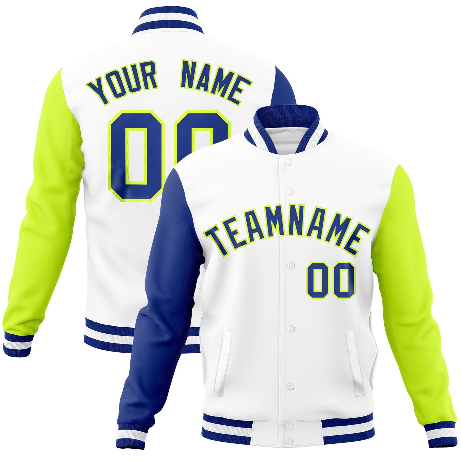 Custom White Neon Green-Royal Raglan Sleeves Varsity Full-Snap Letterman Jacket