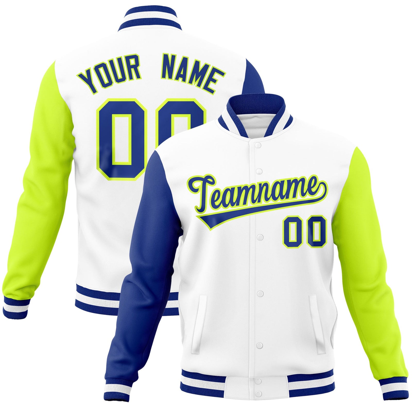 Custom White Neon Green-Royal Raglan Sleeves Varsity Full-Snap Letterman Jacket