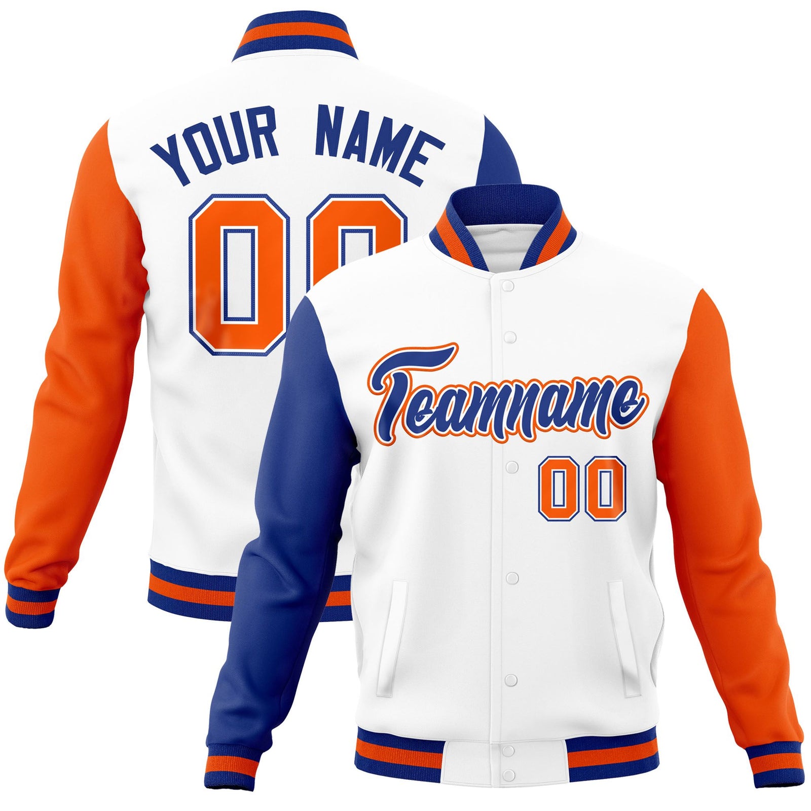Custom White Orange-Royal Raglan Sleeves Varsity Full-Snap Letterman Jacket