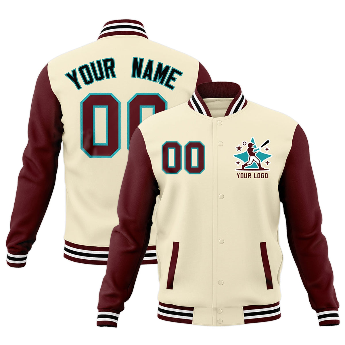 Custom Cream Crimson White Raglan Sleeves Full-Snap Letterman Cotton Fabric Jacket| KXKSHOP