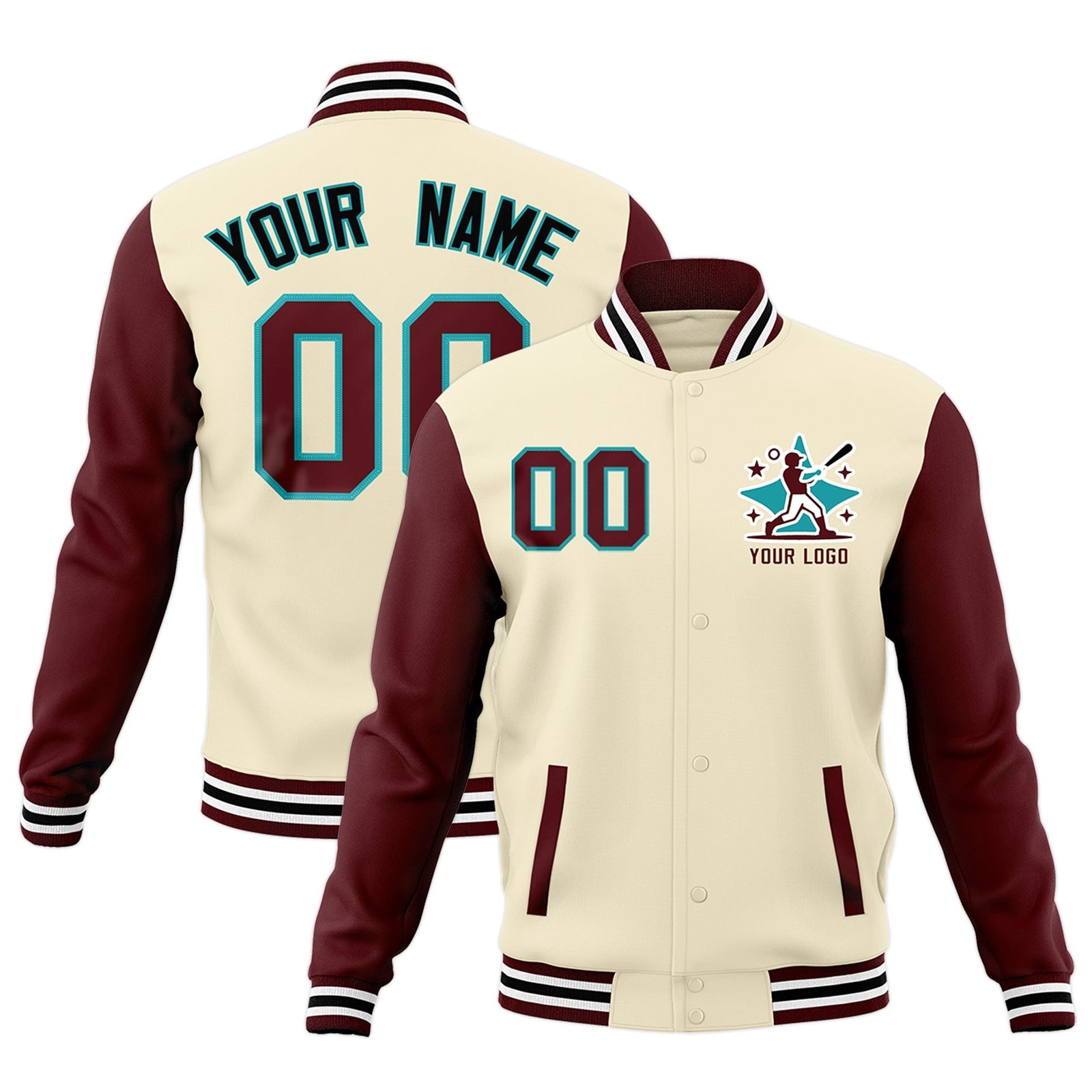 Custom Cream Crimson White Raglan Sleeves Full-Snap Letterman Cotton Fabric Jacket| KXKSHOP