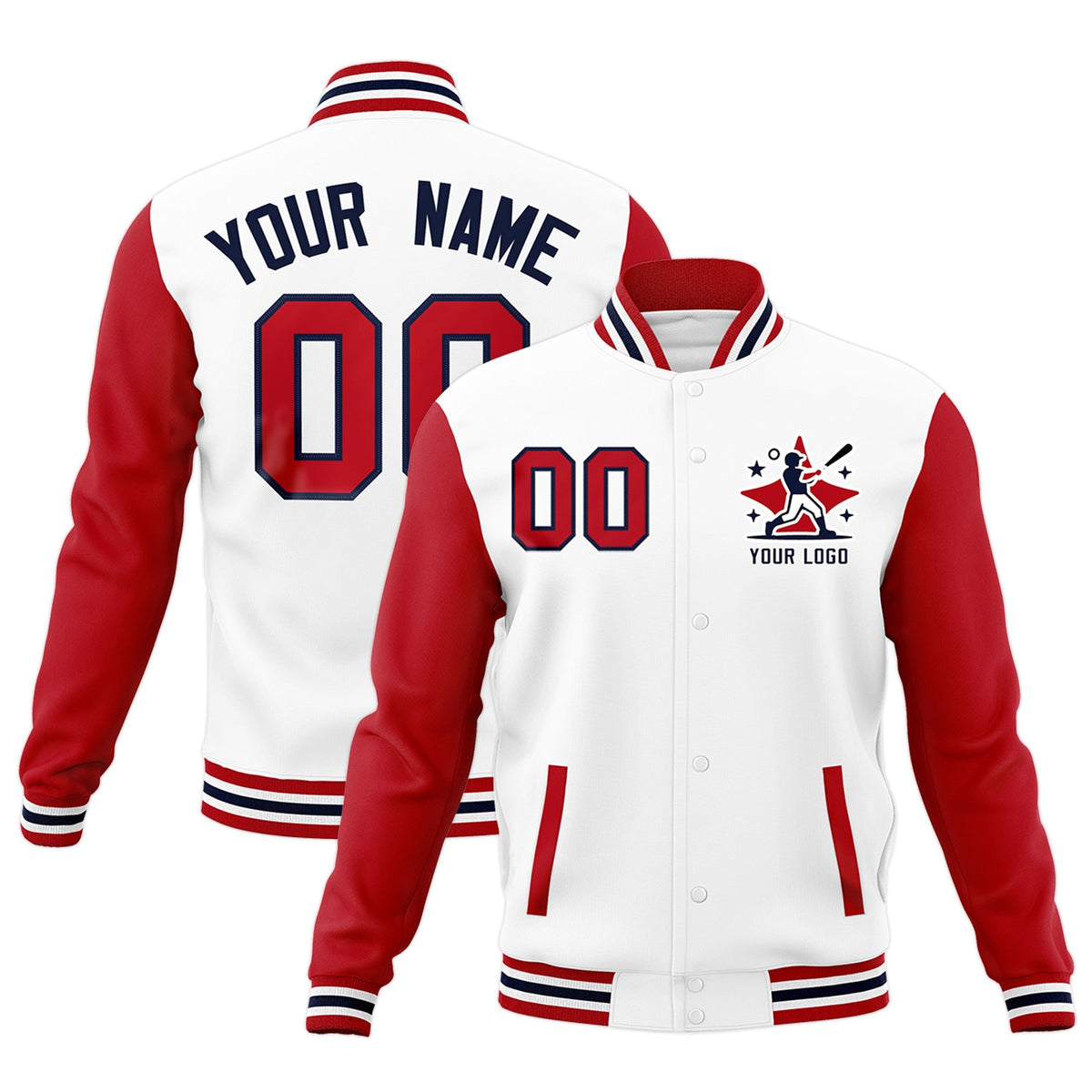 Custom White Red Navy Raglan Sleeves Full-Snap Letterman Cotton Fabric Jacket| KXKSHOP