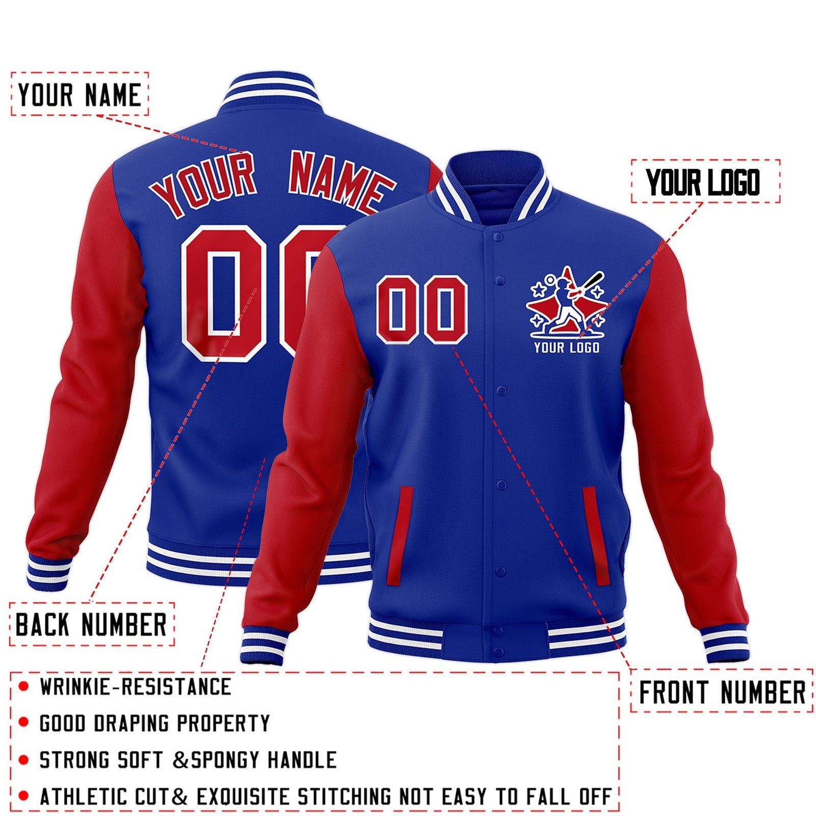 Custom Red Royal Blue White Raglan Sleeves Full-Snap Letterman Cotton Fabric Jacket| KXKSHOP