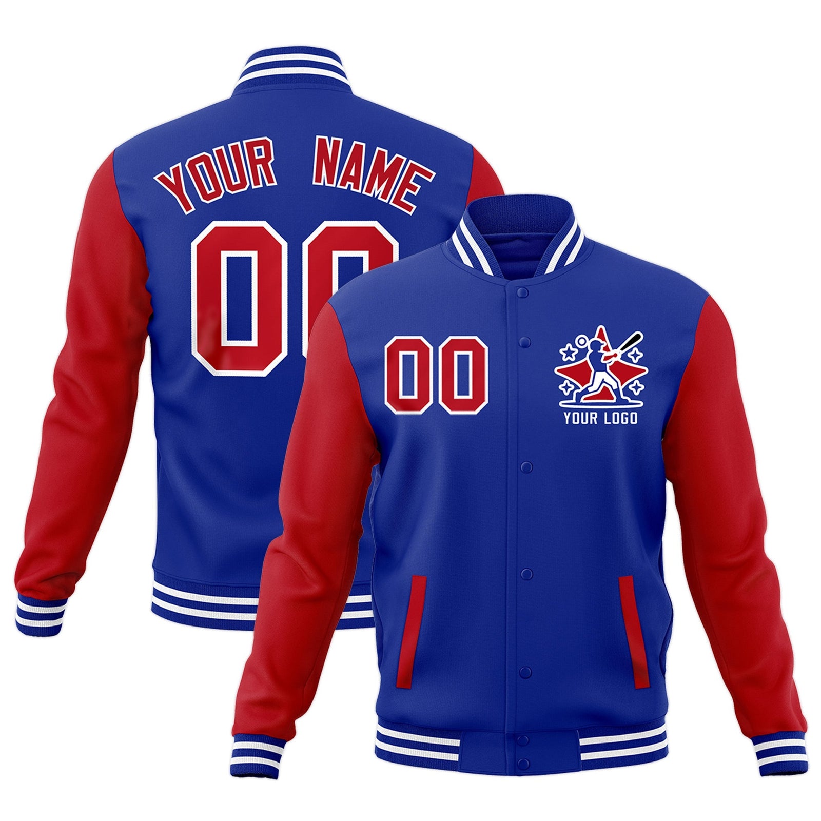 Custom Red Royal Blue White Raglan Sleeves Full-Snap Letterman Cotton Fabric Jacket| KXKSHOP
